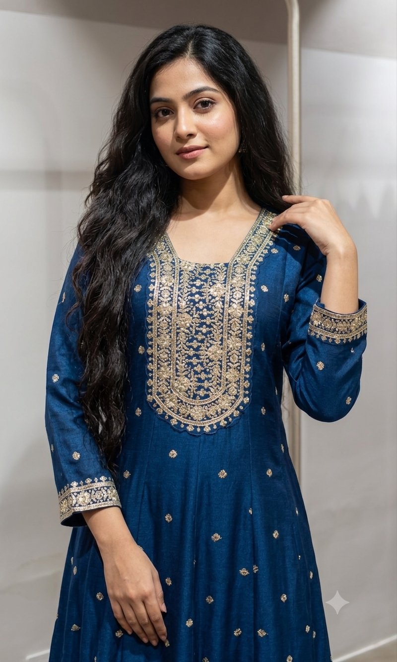 Blue gold embroidered Anarkali set