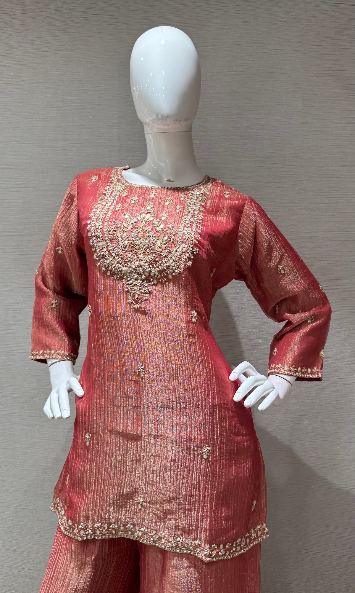 RUST TISSUE SILK EMBROIDERED SHARARA SET WITH DUPATTA