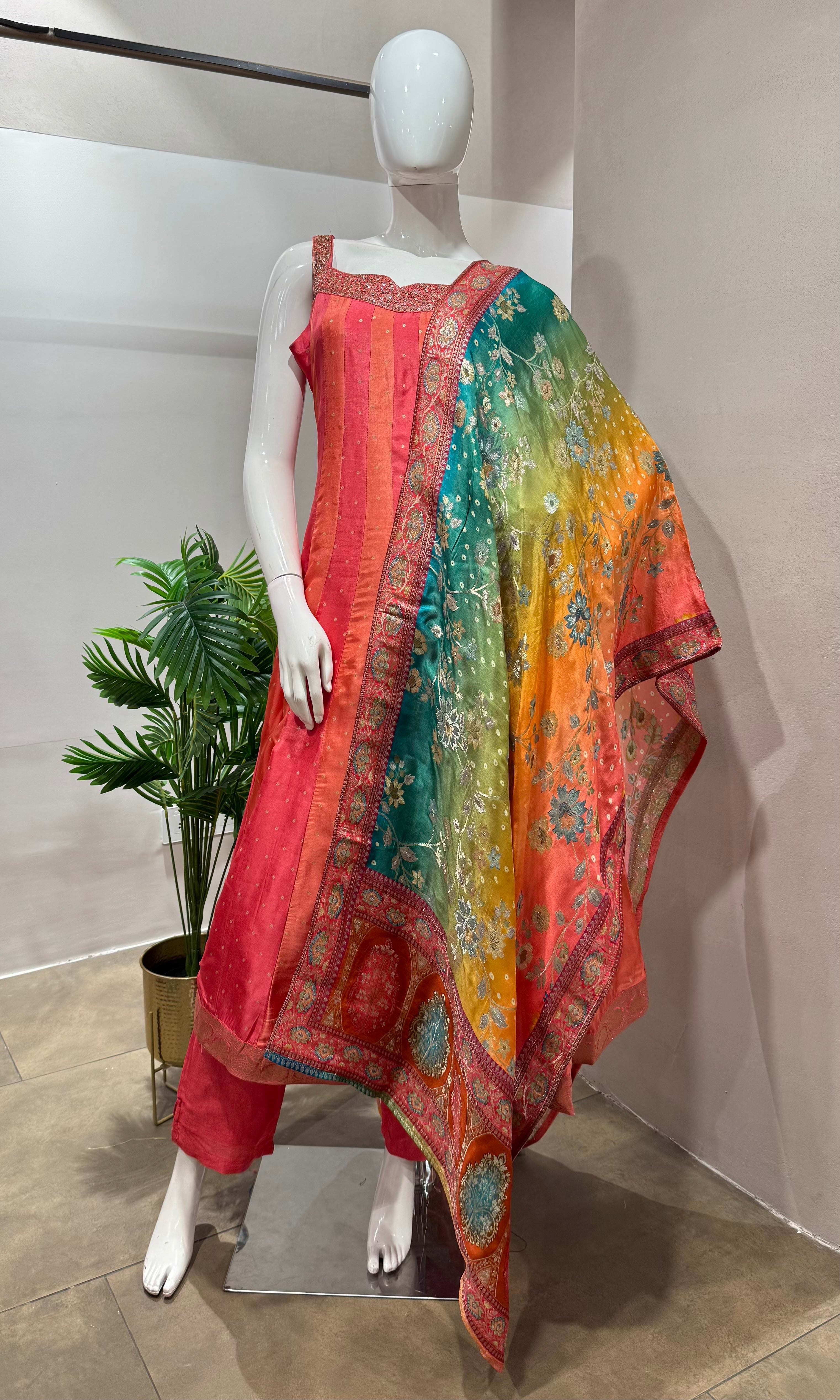 Peach ethnic striped anarkali set