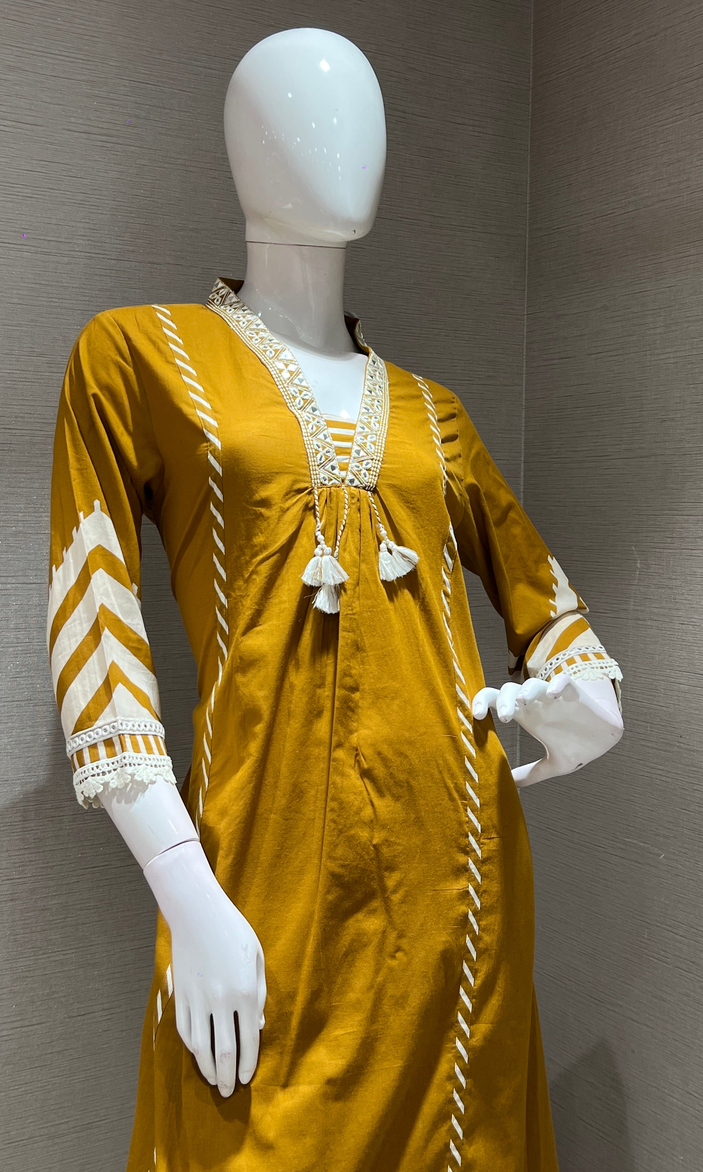 mustard yellow ethnic white lace kurta set