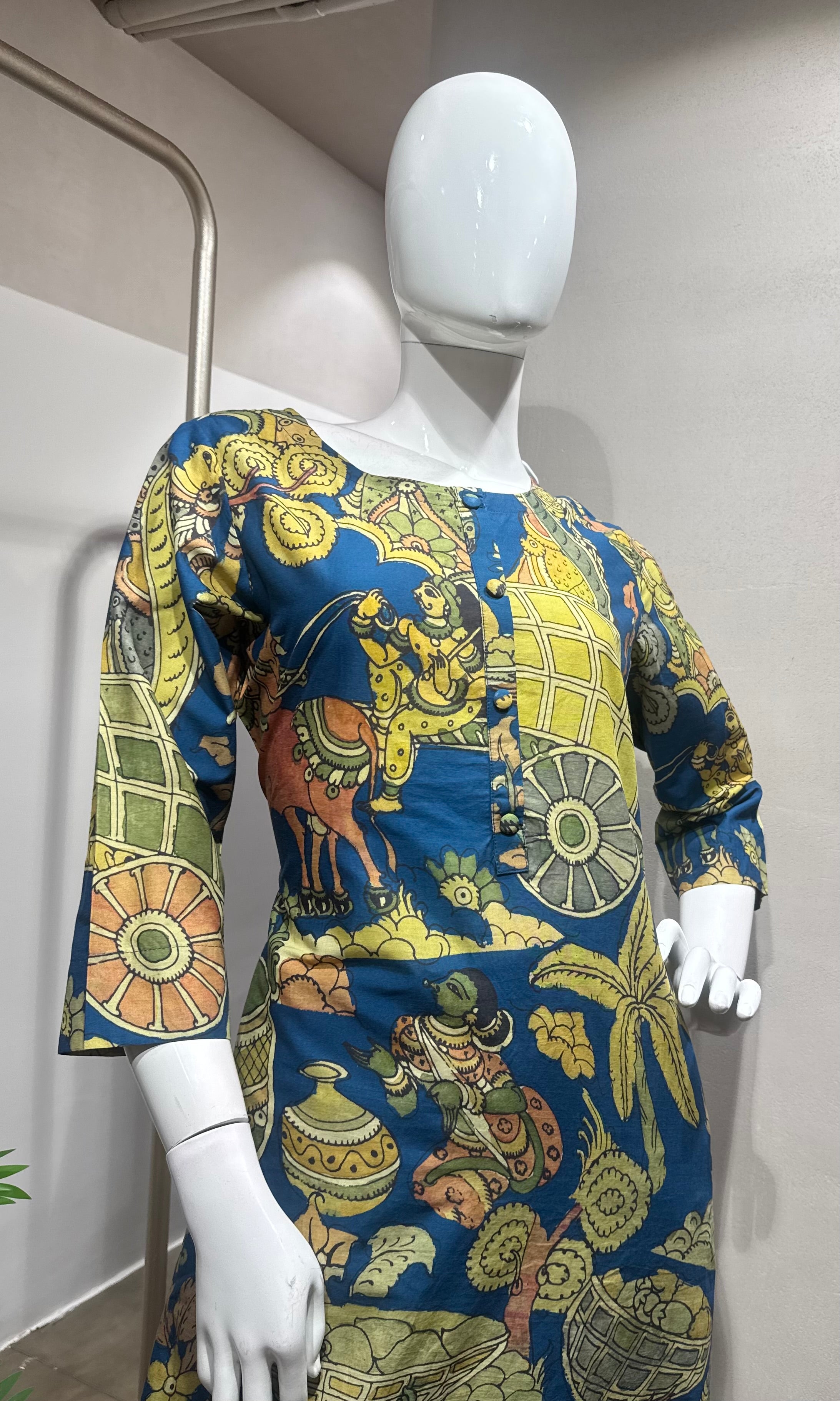 green and blue printed kurti with bottom