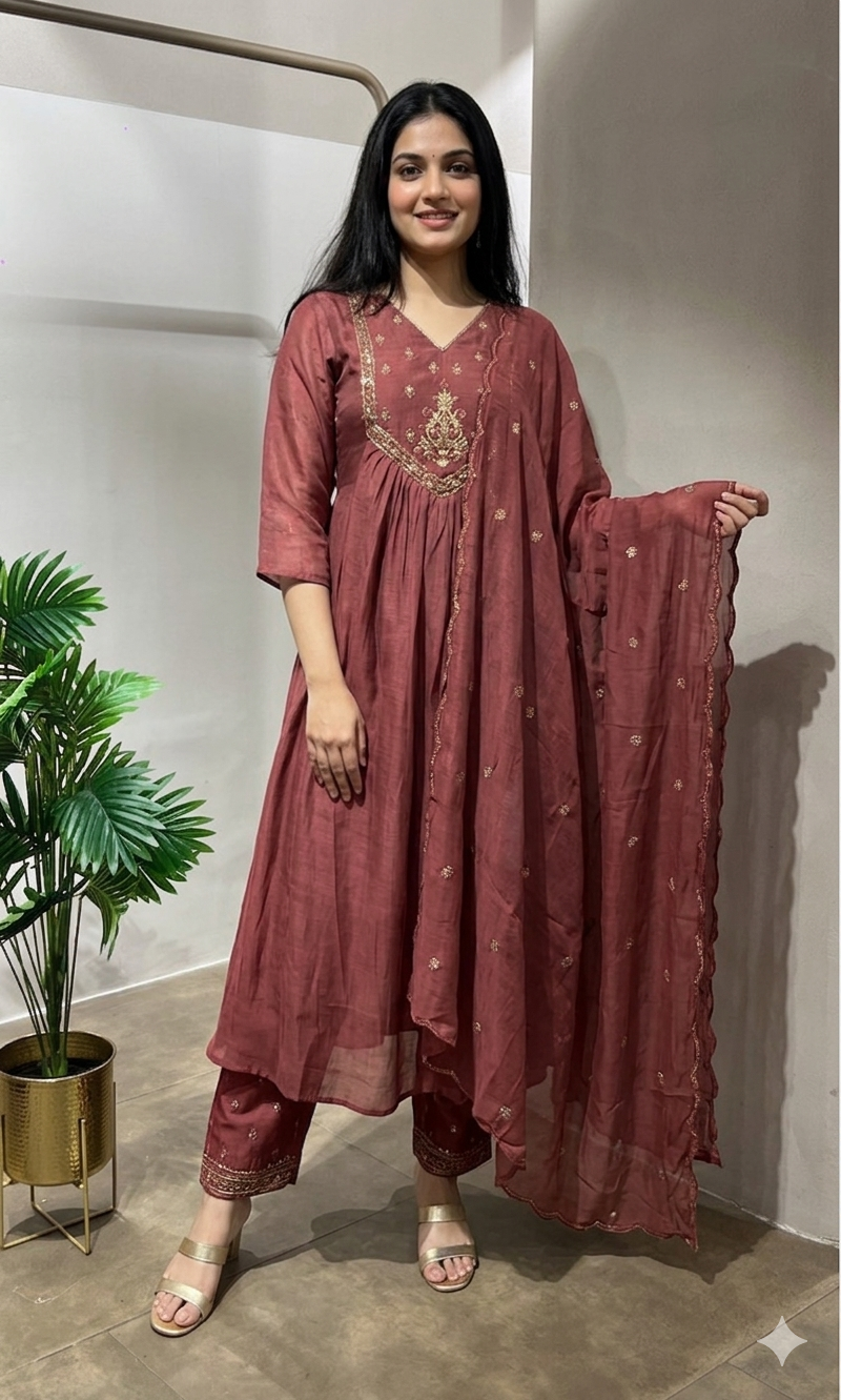 MAROON MUL CHANDERI KURTA SET