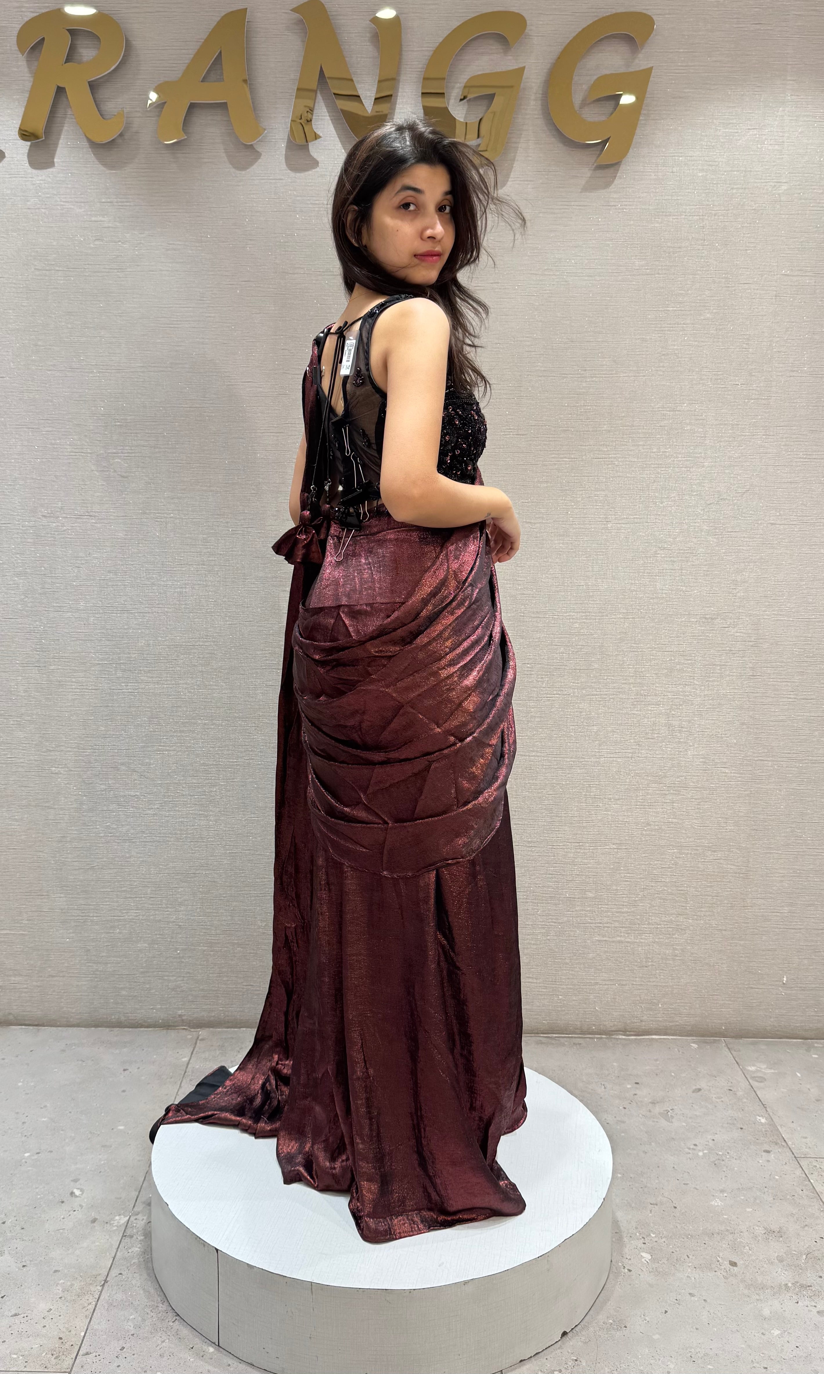 Maroon Crystal Embellished Draped Saree