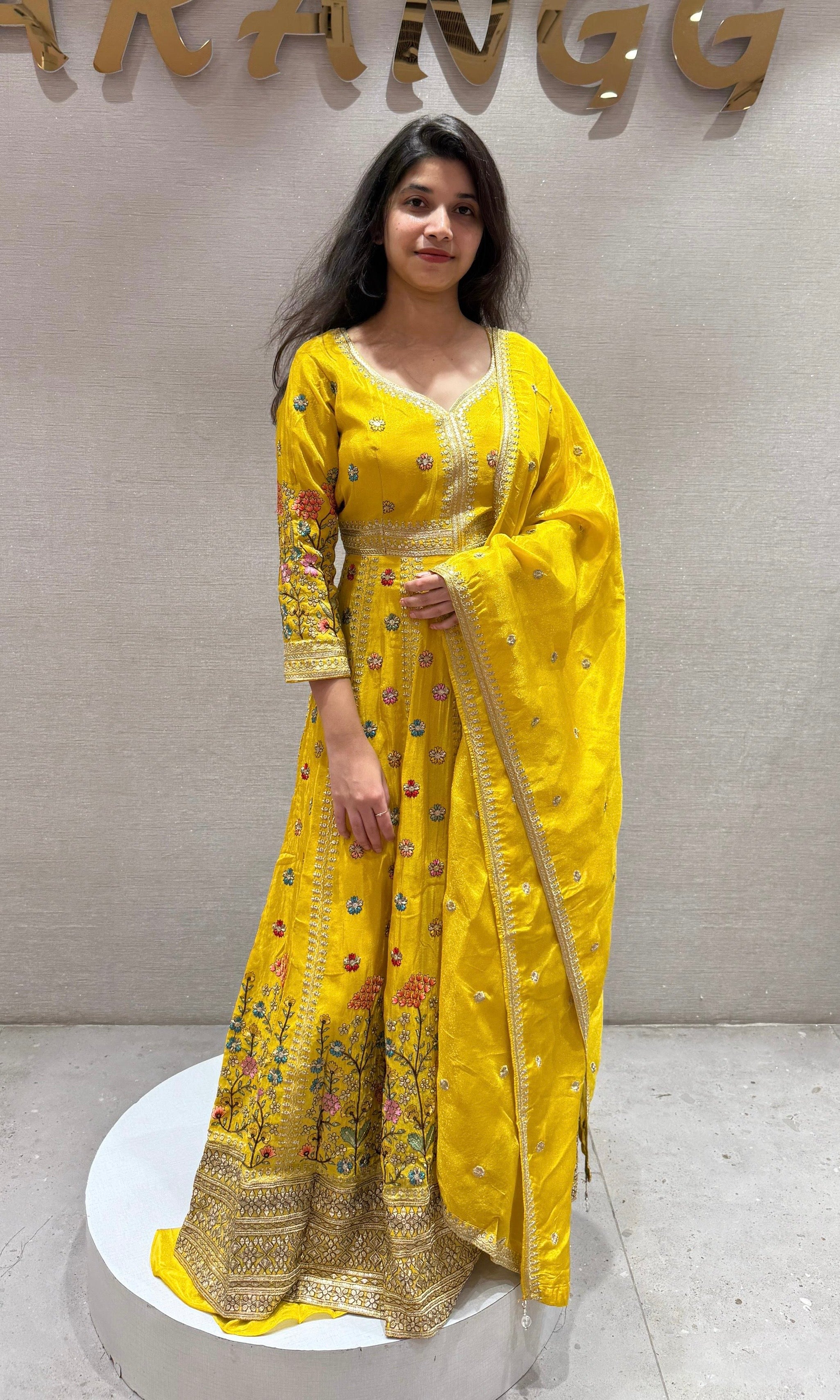 Yellow Front Slit floral Anarkali