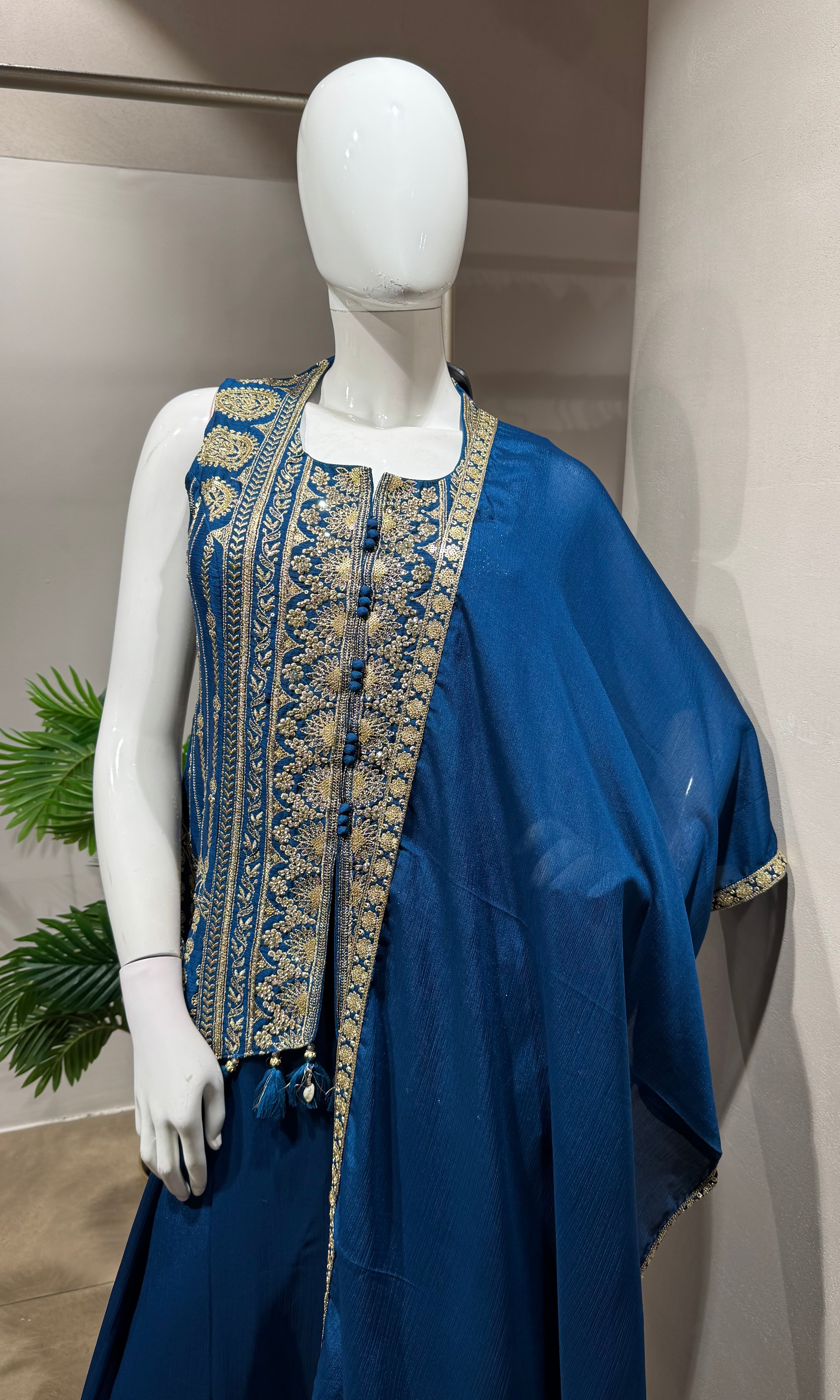 BLUE golden embroidery peplum palazzo set