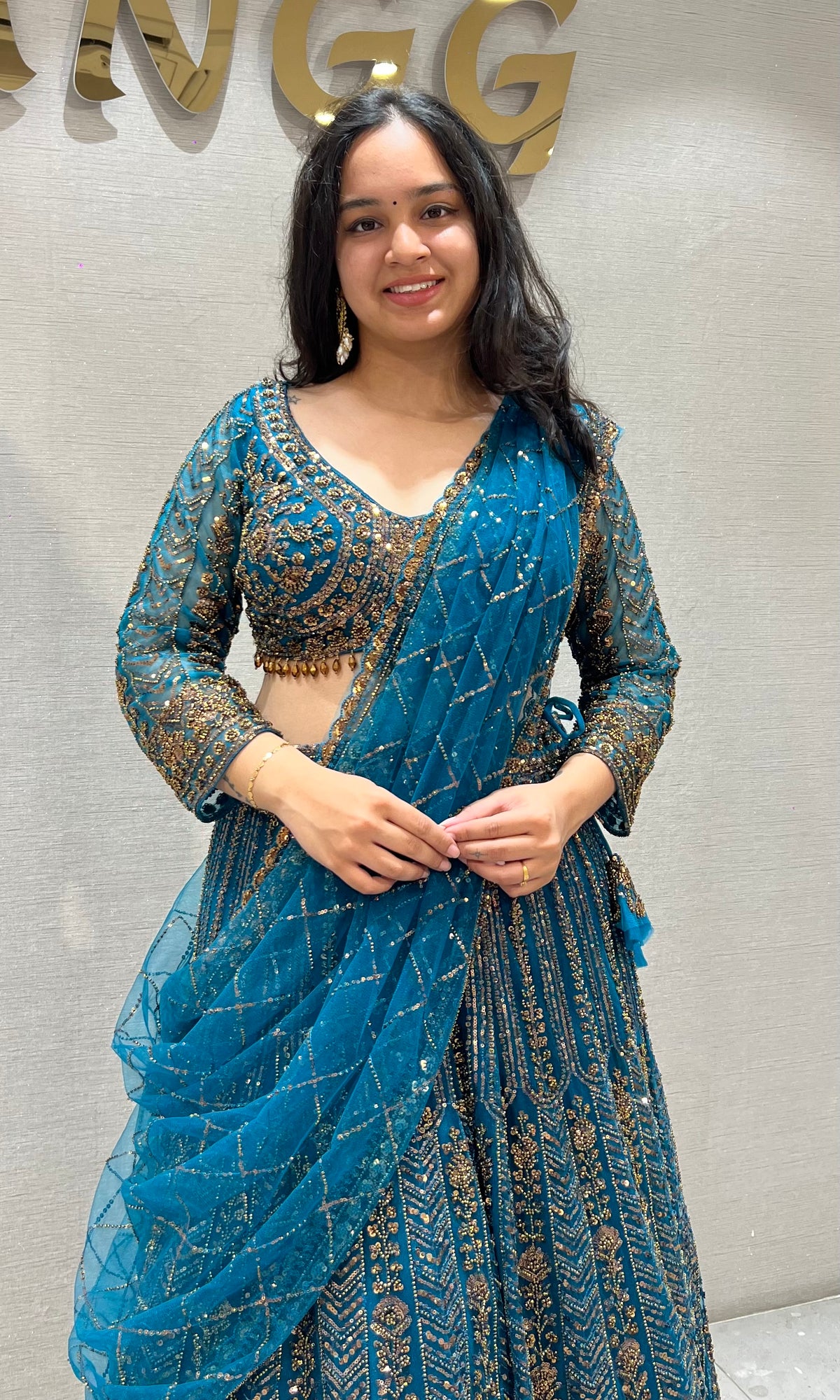Peacock Blue & Gold Zari Work Lehenga Set