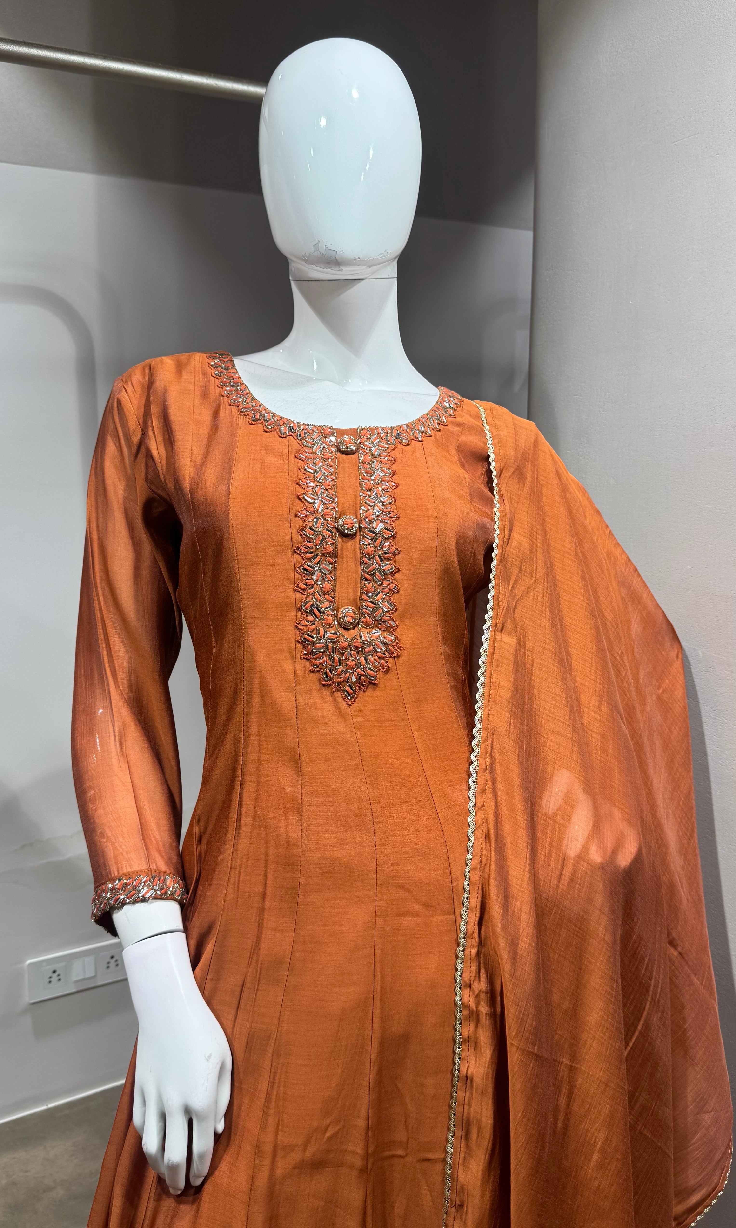 Brown Silk Embroidered Anarkali Set with Dupatta