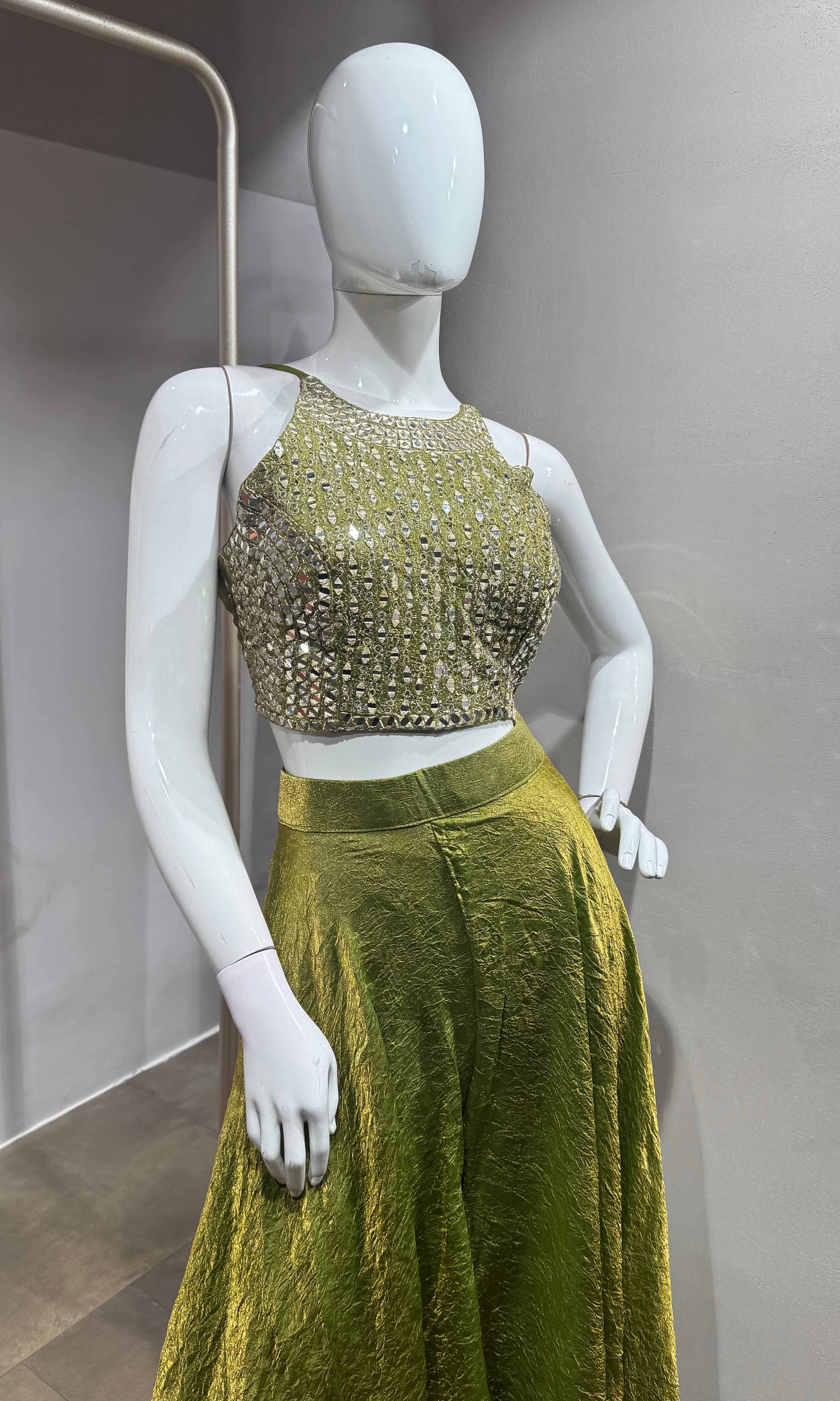 green embellished halter-neck palazzo set