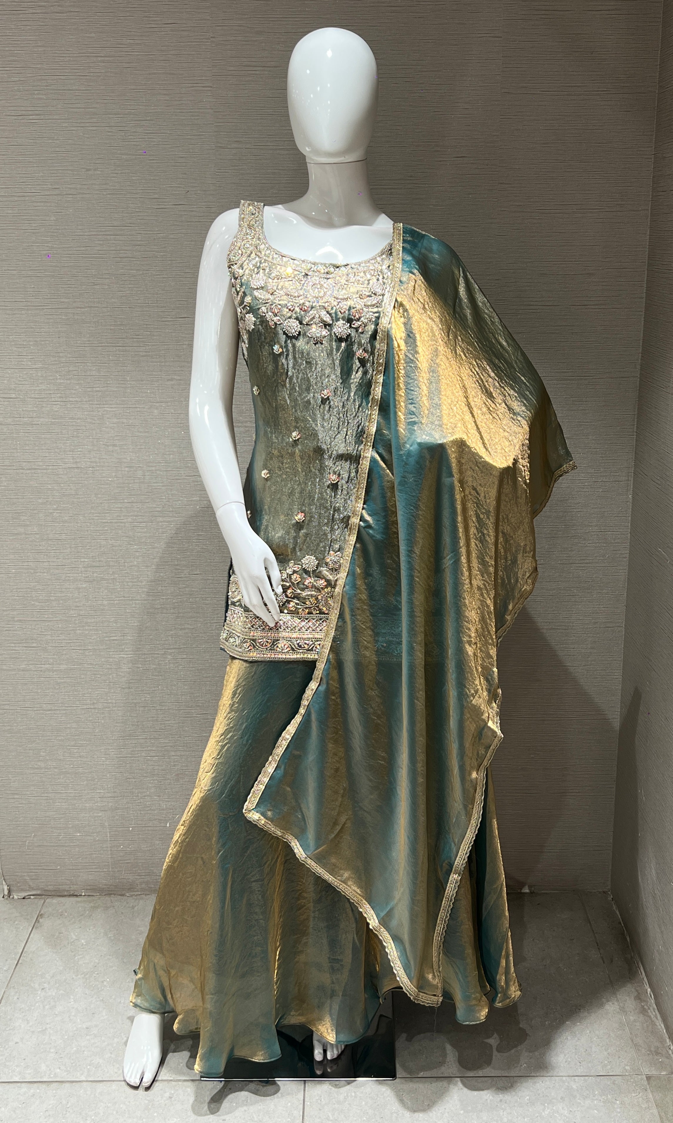 Green Gold Embroidered Sharara Palazzo