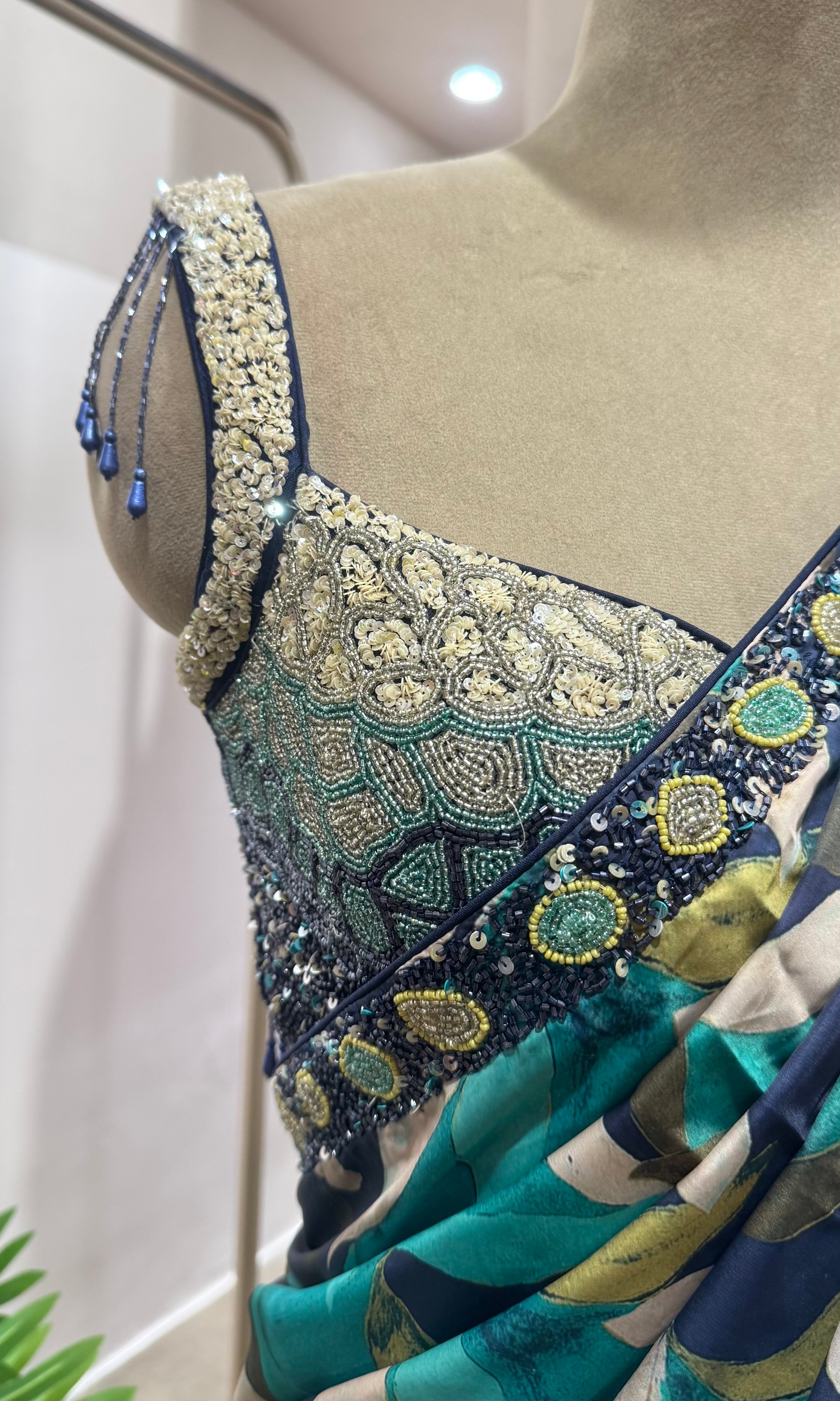 ABSTRACT DESIGN TEAL BLUE SAREE WITH BLOUSE