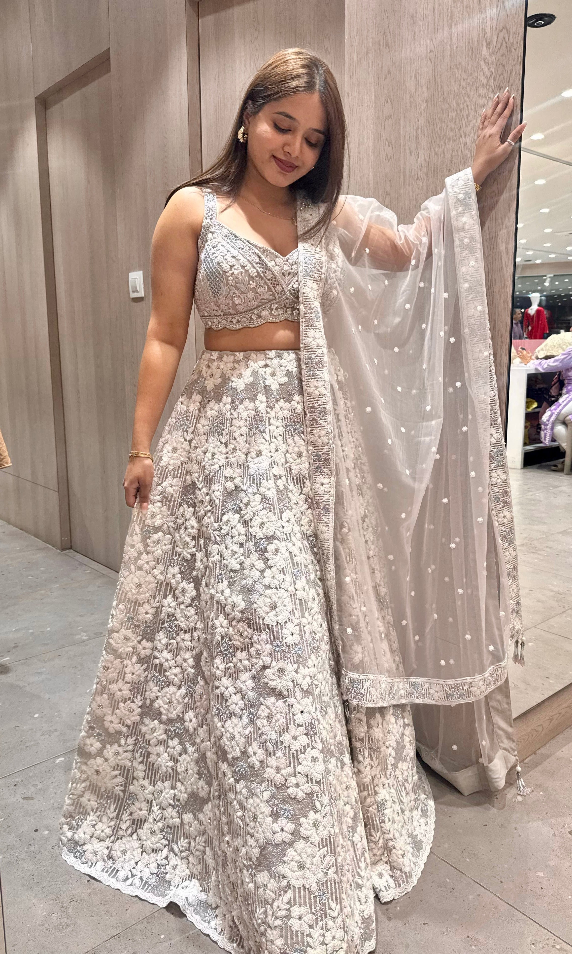 Grey Floral Lehenga with Intricate Parsi Work
