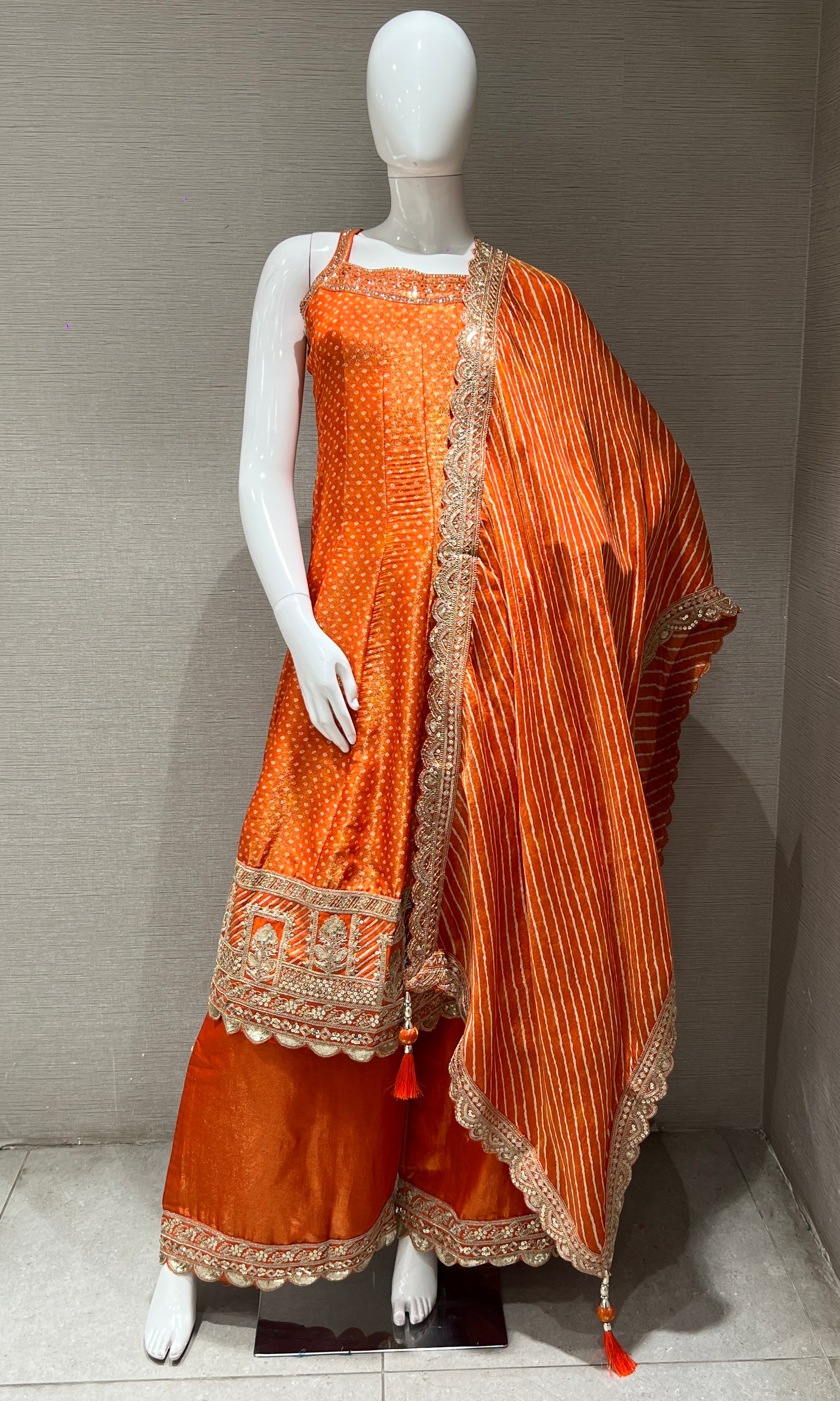 Orange Embroidered Sharara Set with Golden Stripes Dupatta