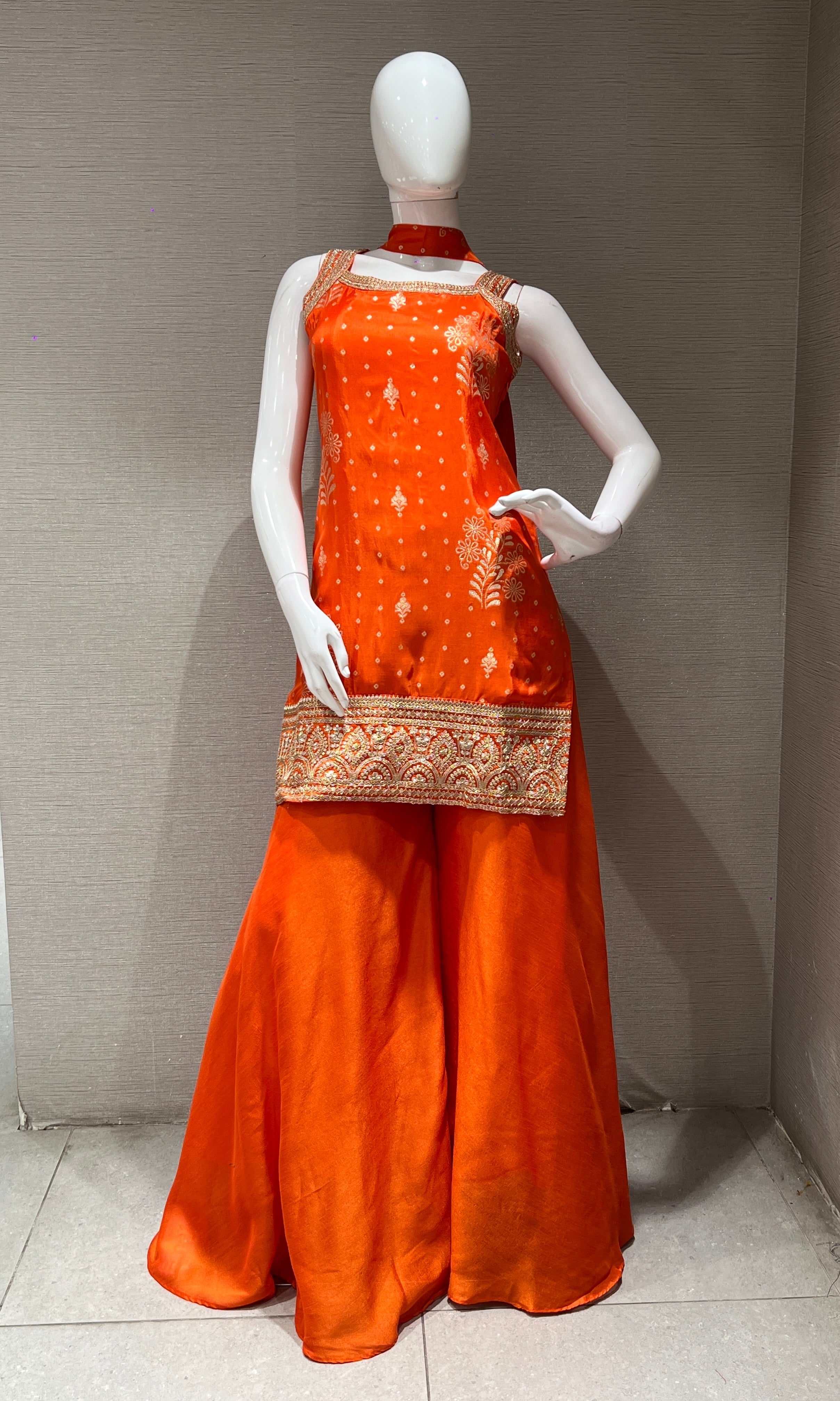 ORANGE GOLD EMBROIDERED SHARARA SET