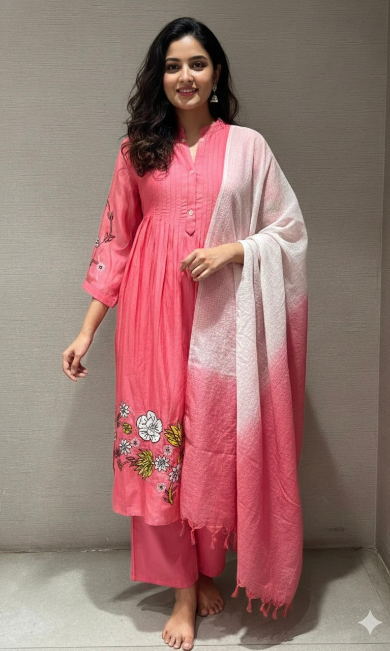 Baby pink floral mul chanderi kurta set