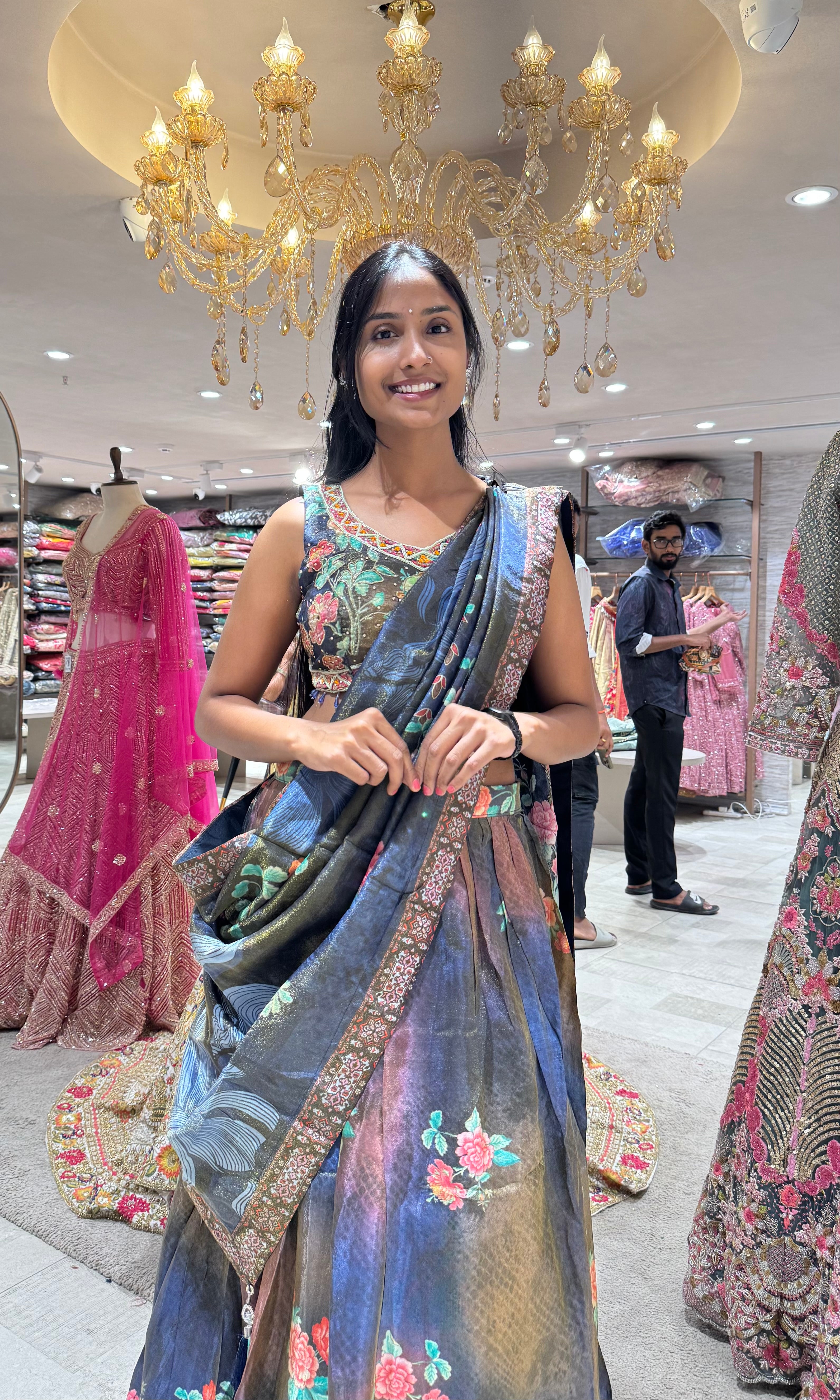 NAVY BLUE Artistic Crepe Saree Floral Motifs and Embellished Border