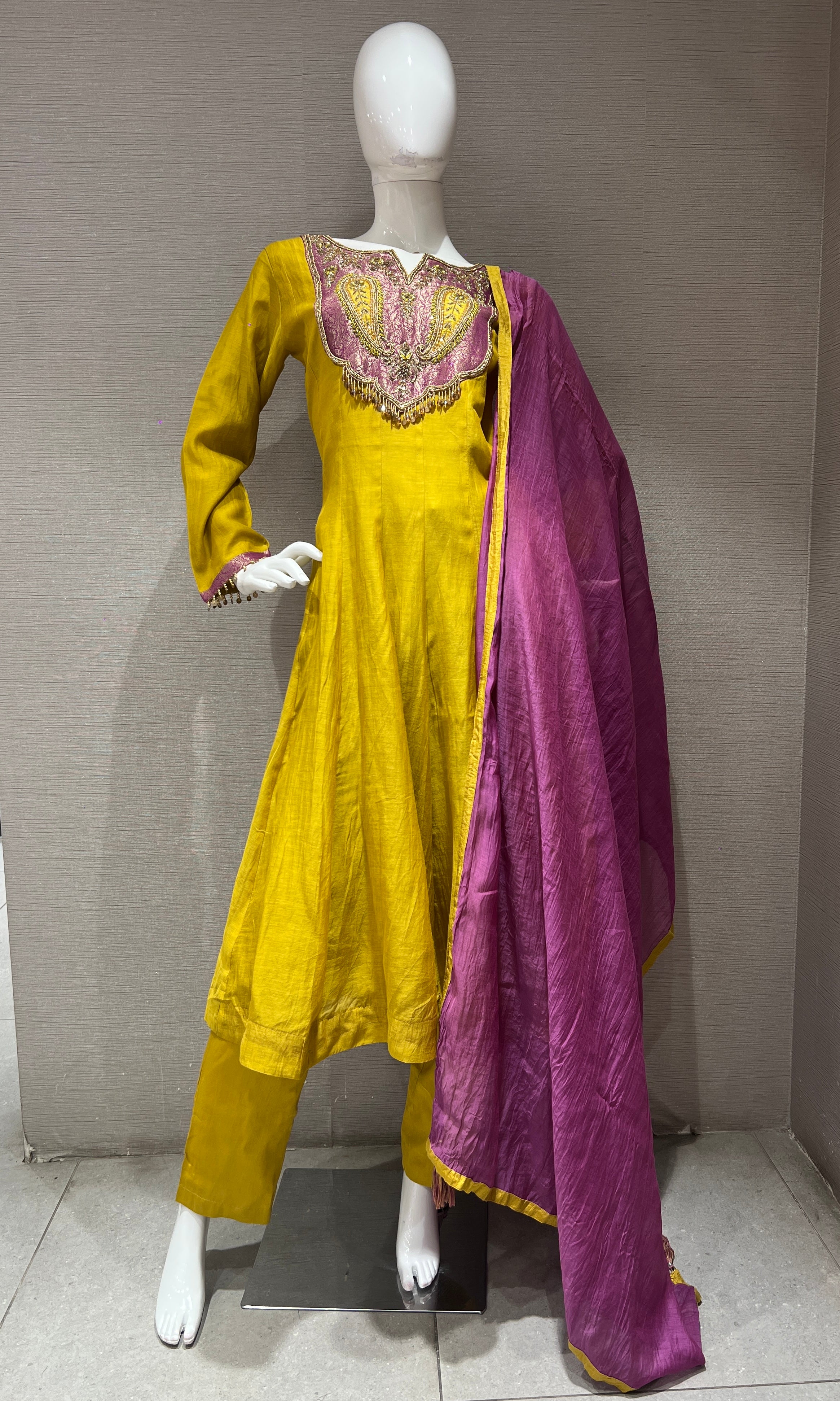Mustard Anarkali Set with Magenta Dupatta