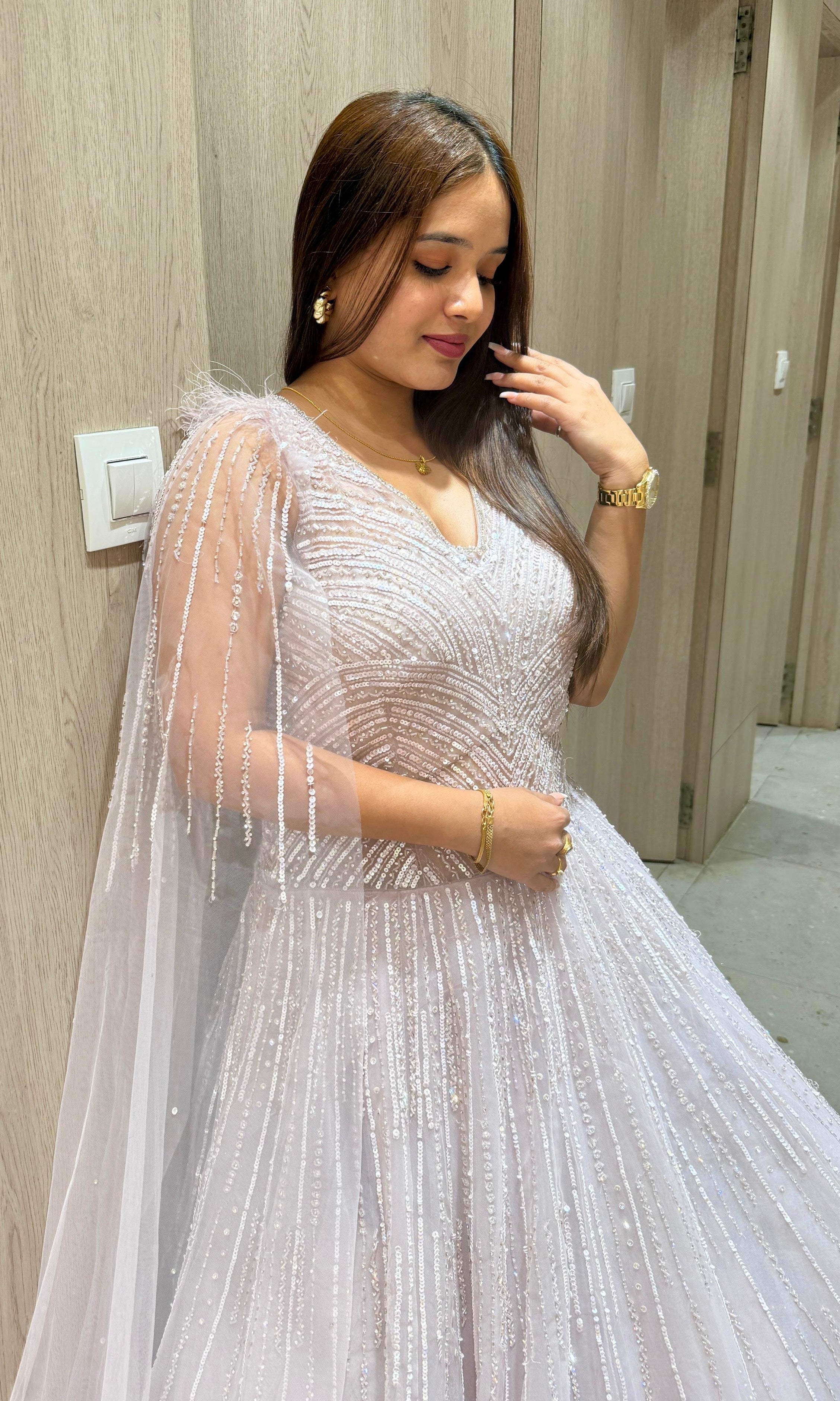 Lavender Sequins Net Designer Gown