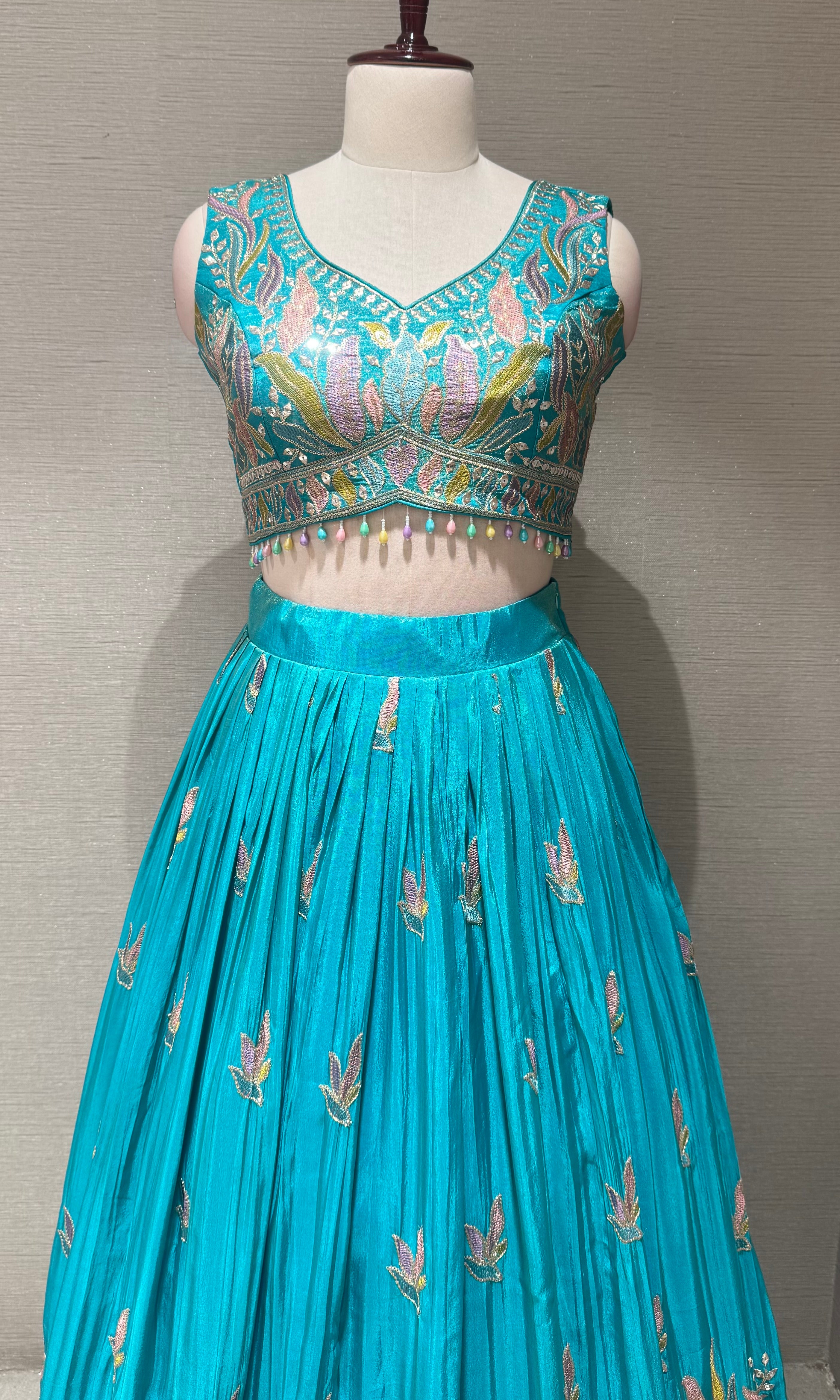 Sea Blue Tissue silk Floral Print Lehenga Set