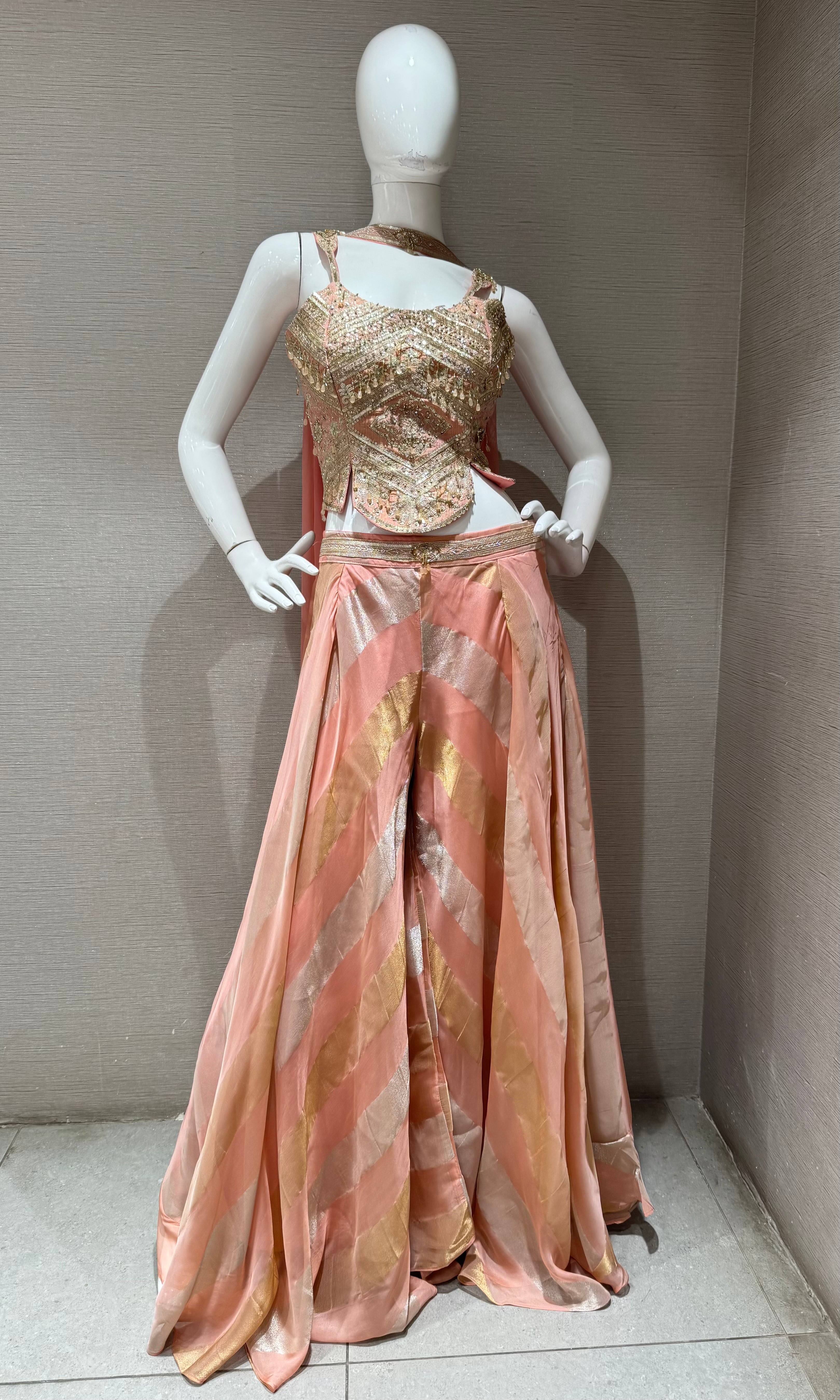 Peach High Glam Gold Crop Top Palazzo set