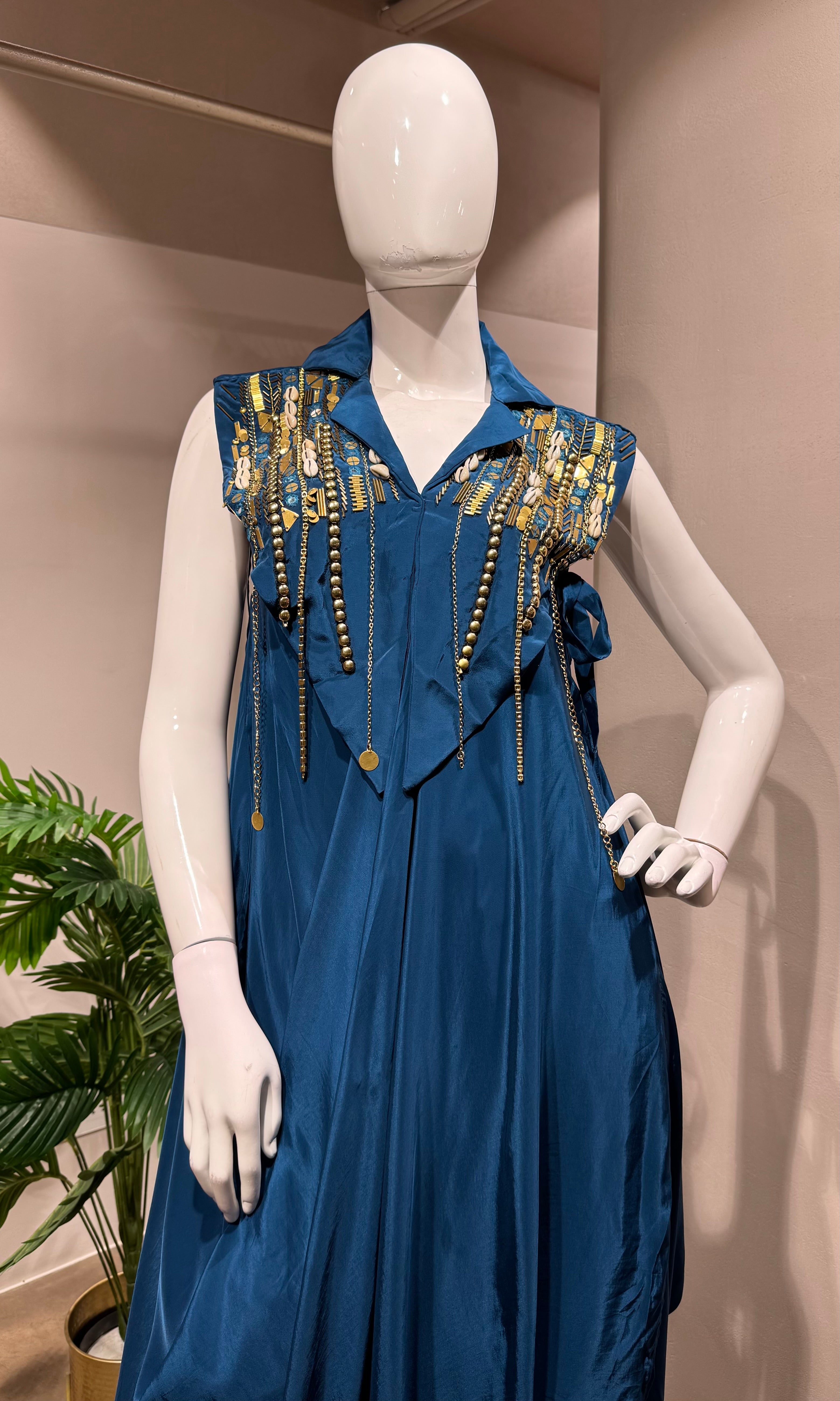 Teal Blue Embellished Draped Dothi style