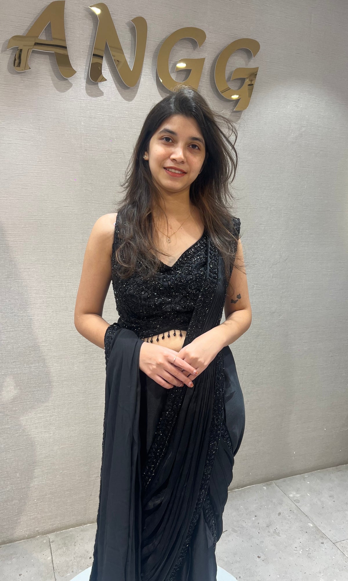 Black satin Embellished Draped Saree with Ethnic Blouse