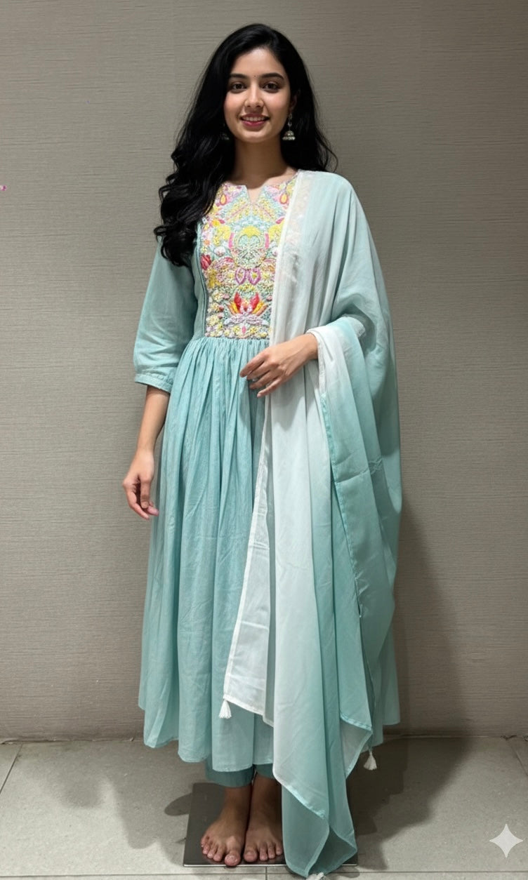 sea blue floral work mul chanderi kurta set