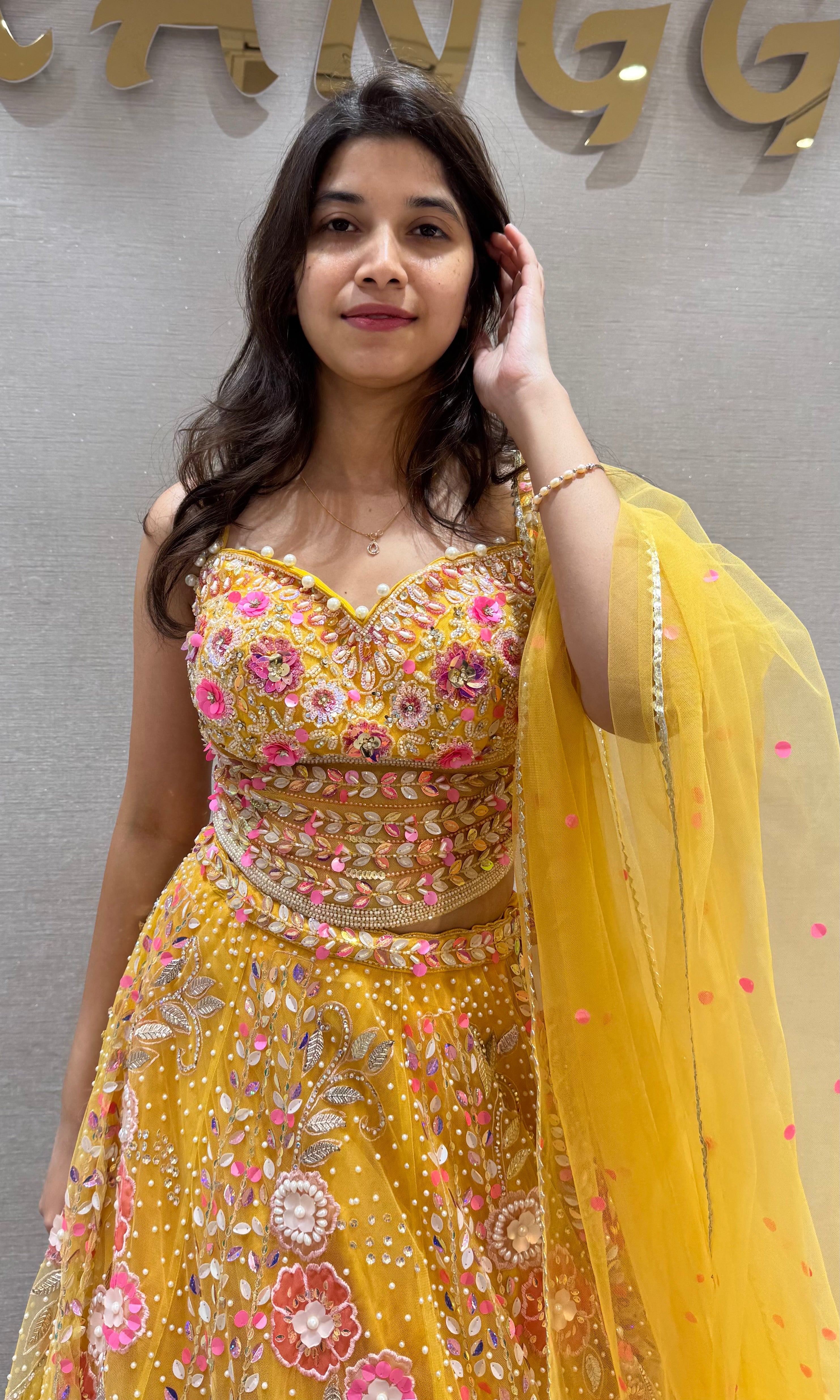 Lemon Yellow Organza Printed Lehenga set
