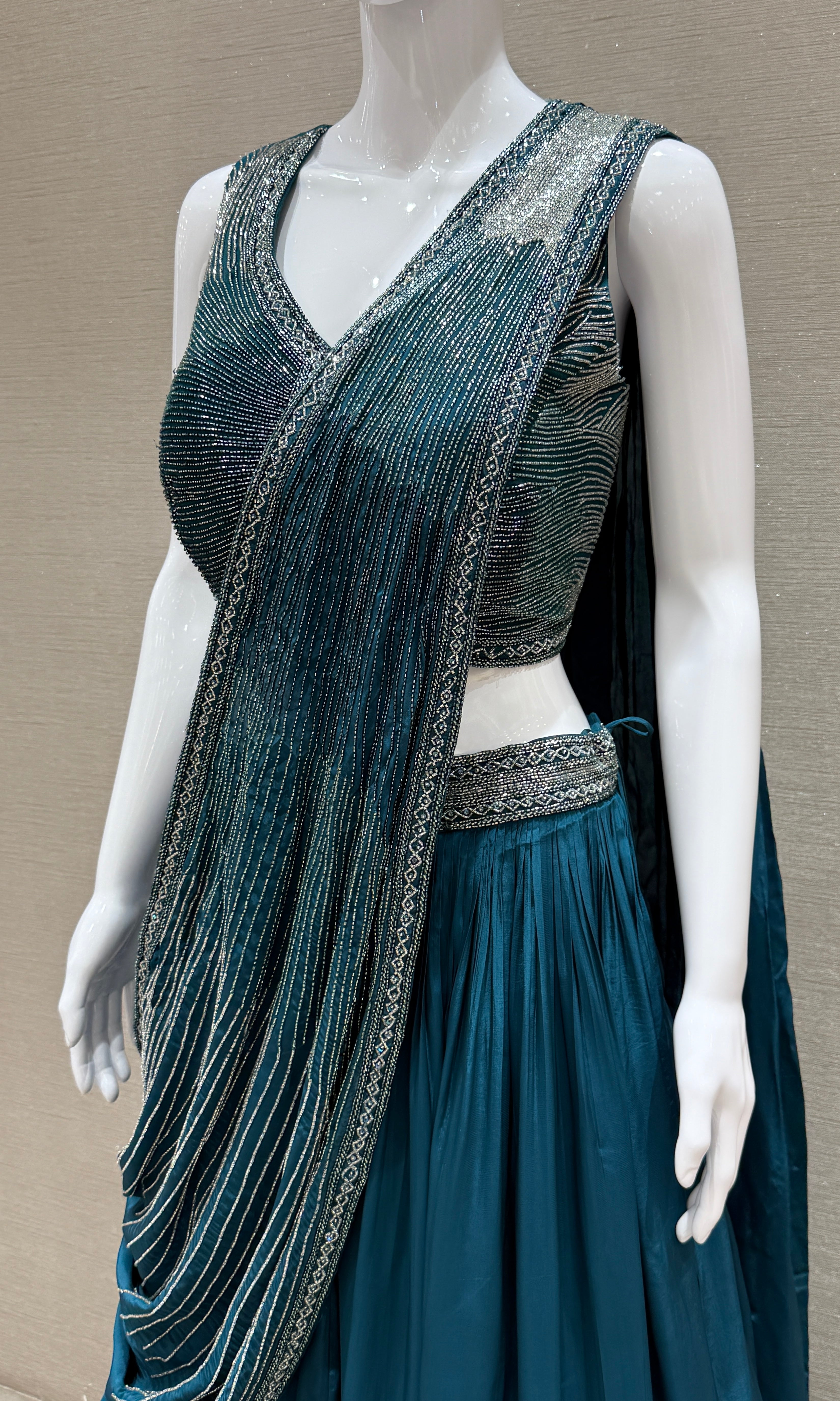 Peacock green Lehenga with attached drape dupatta