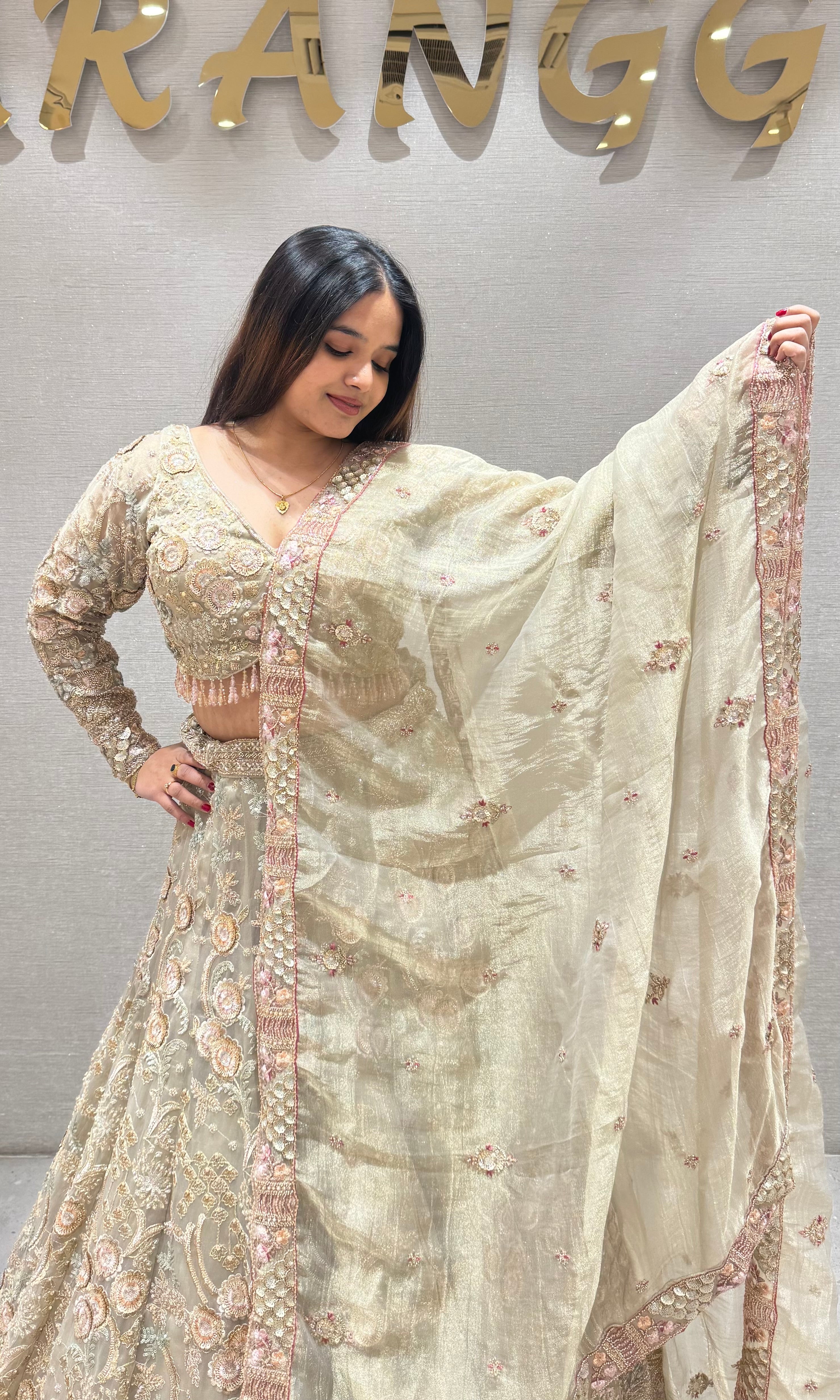 Sage green gold zardosi work lehenga