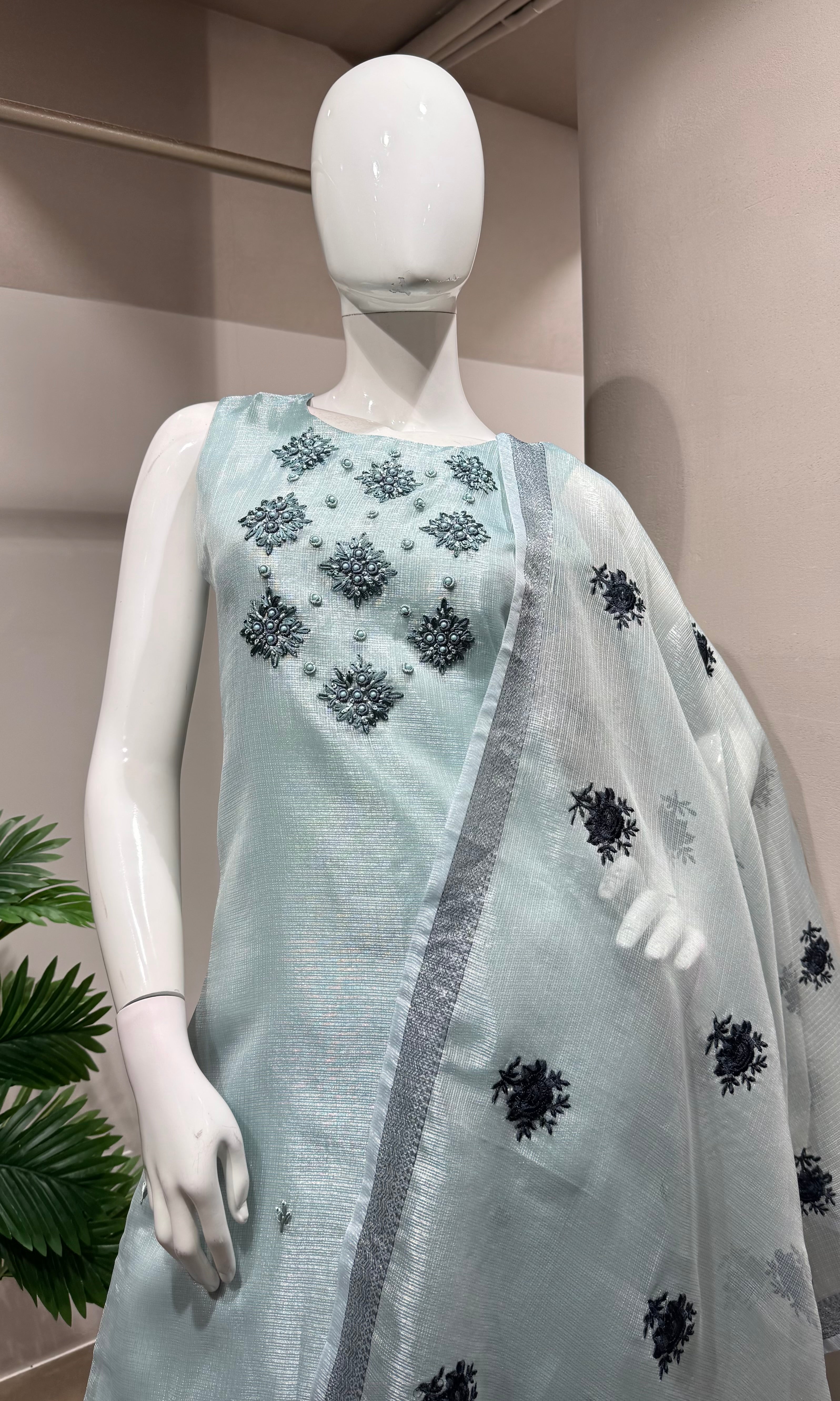 Sea Blue Kota Doria Embroidered Kurta Set