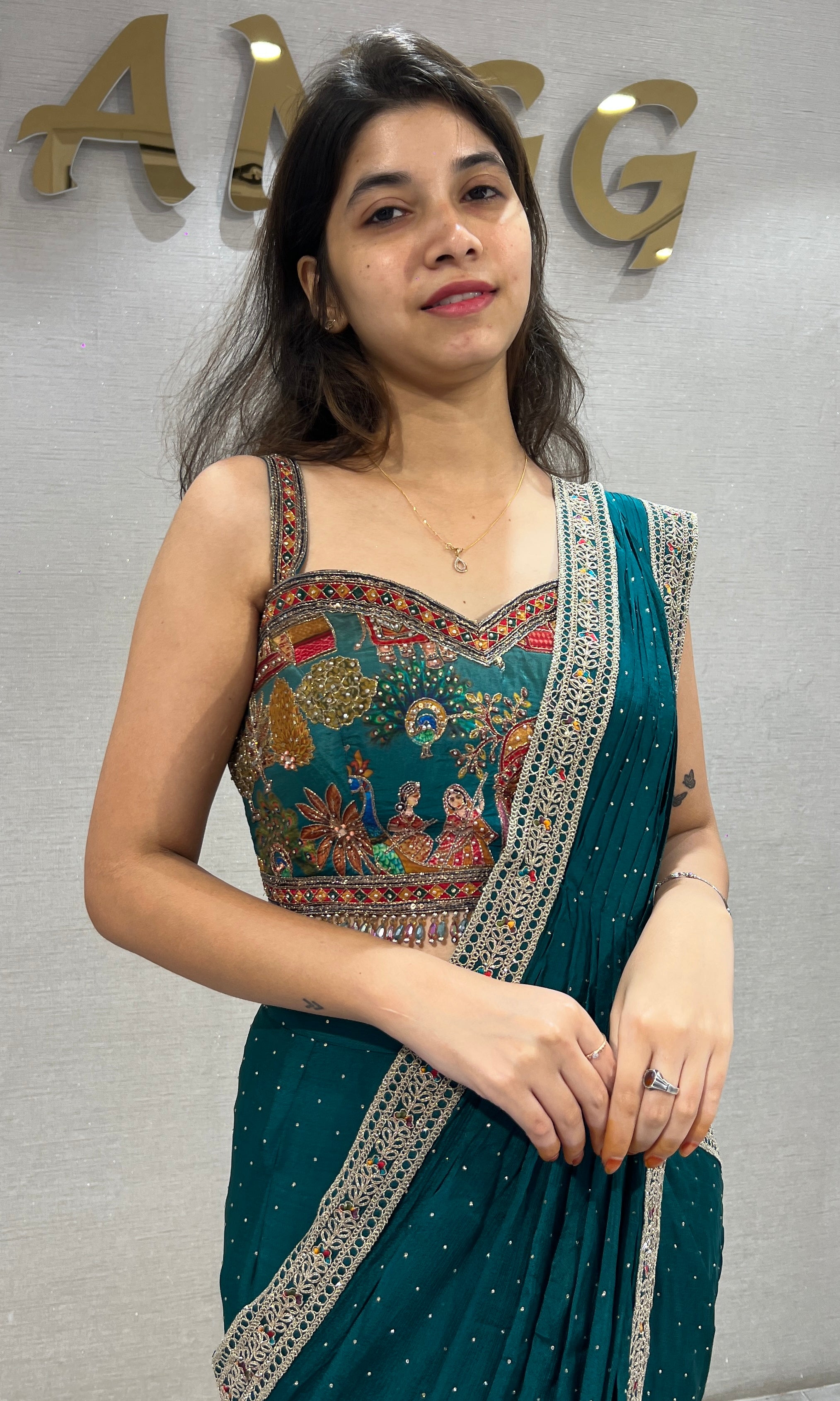 Rama green drape Saree with Intricate Floral Blouse