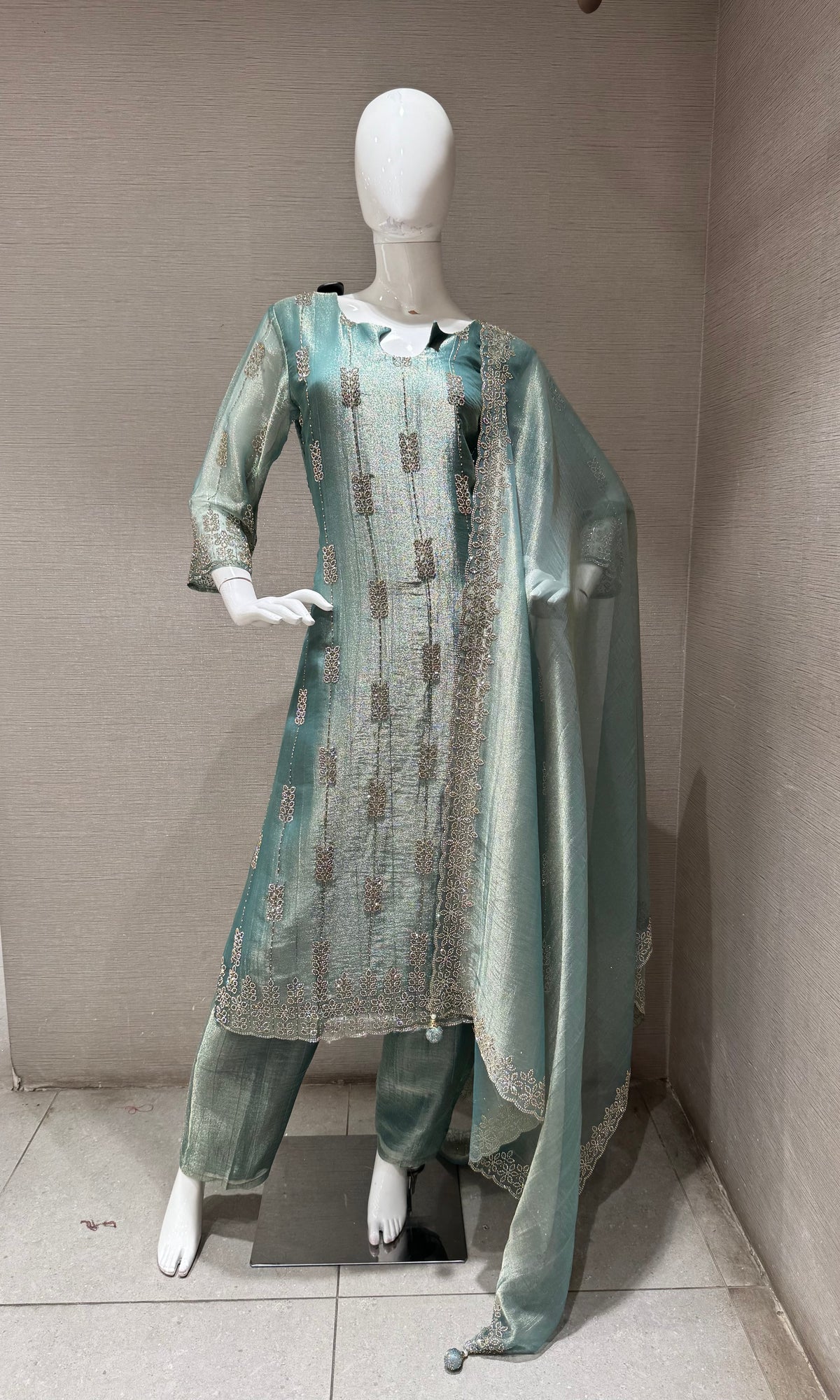 sage green tissue silk embroidered kurta set