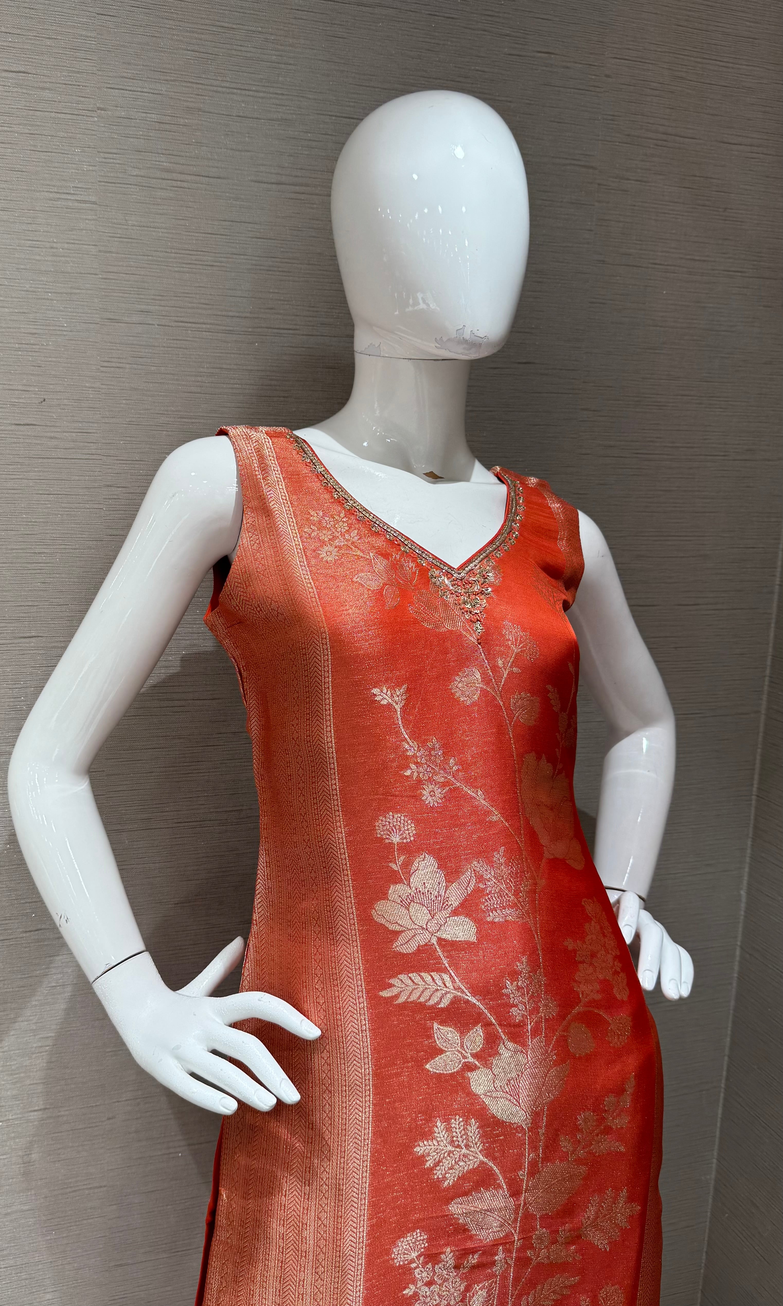Orange golden floral Brocade Kurta Set