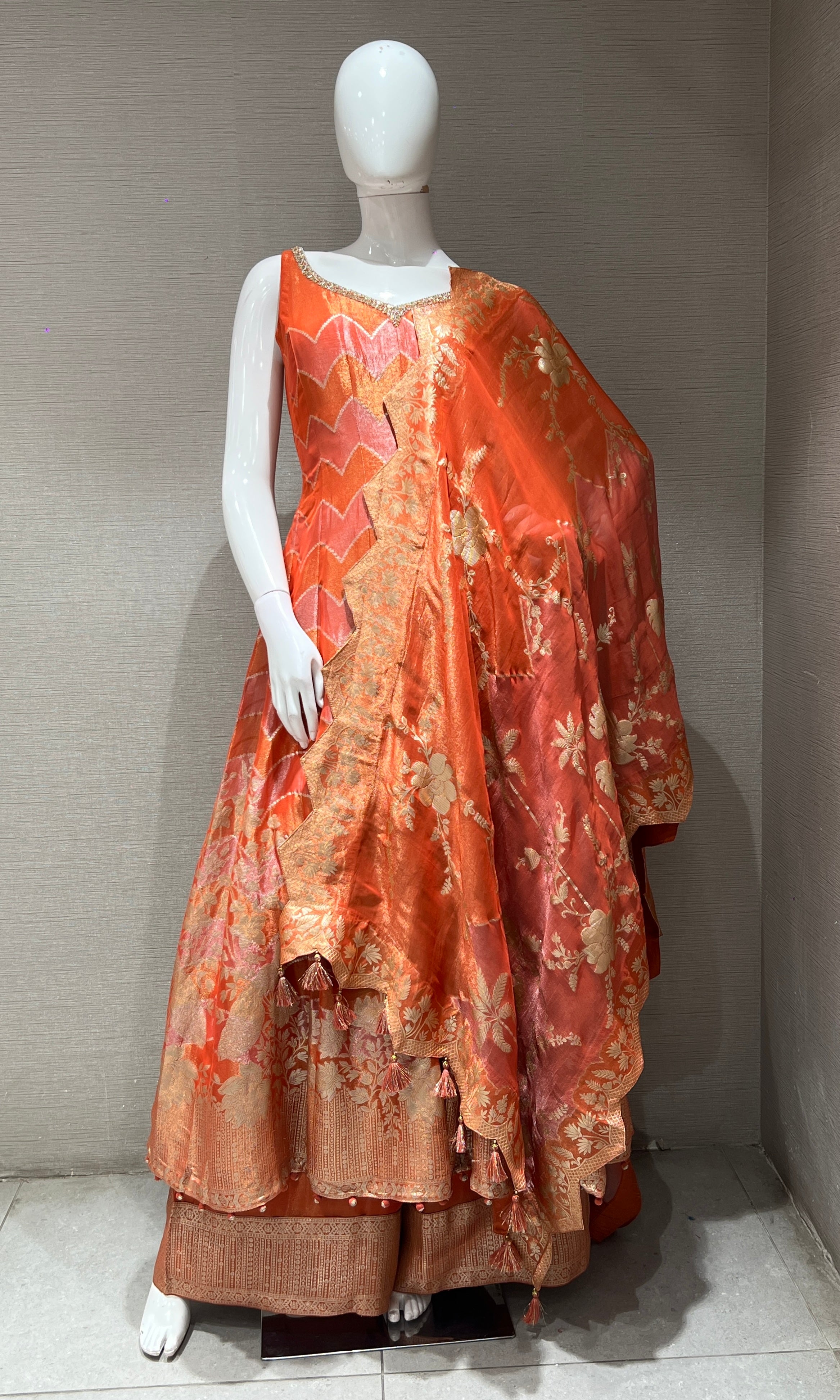 RUST Banarasi silk Anarkali palazzo SET