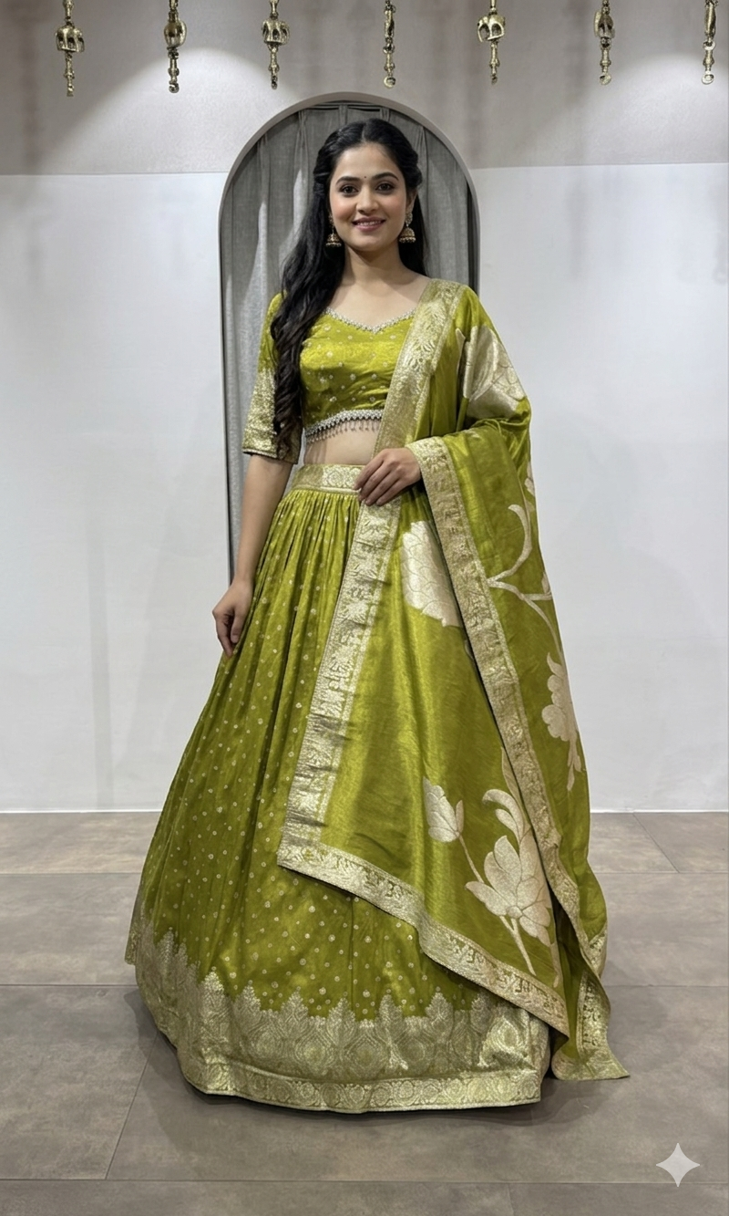 Mehendi Green Banarasi Silk Lehenga