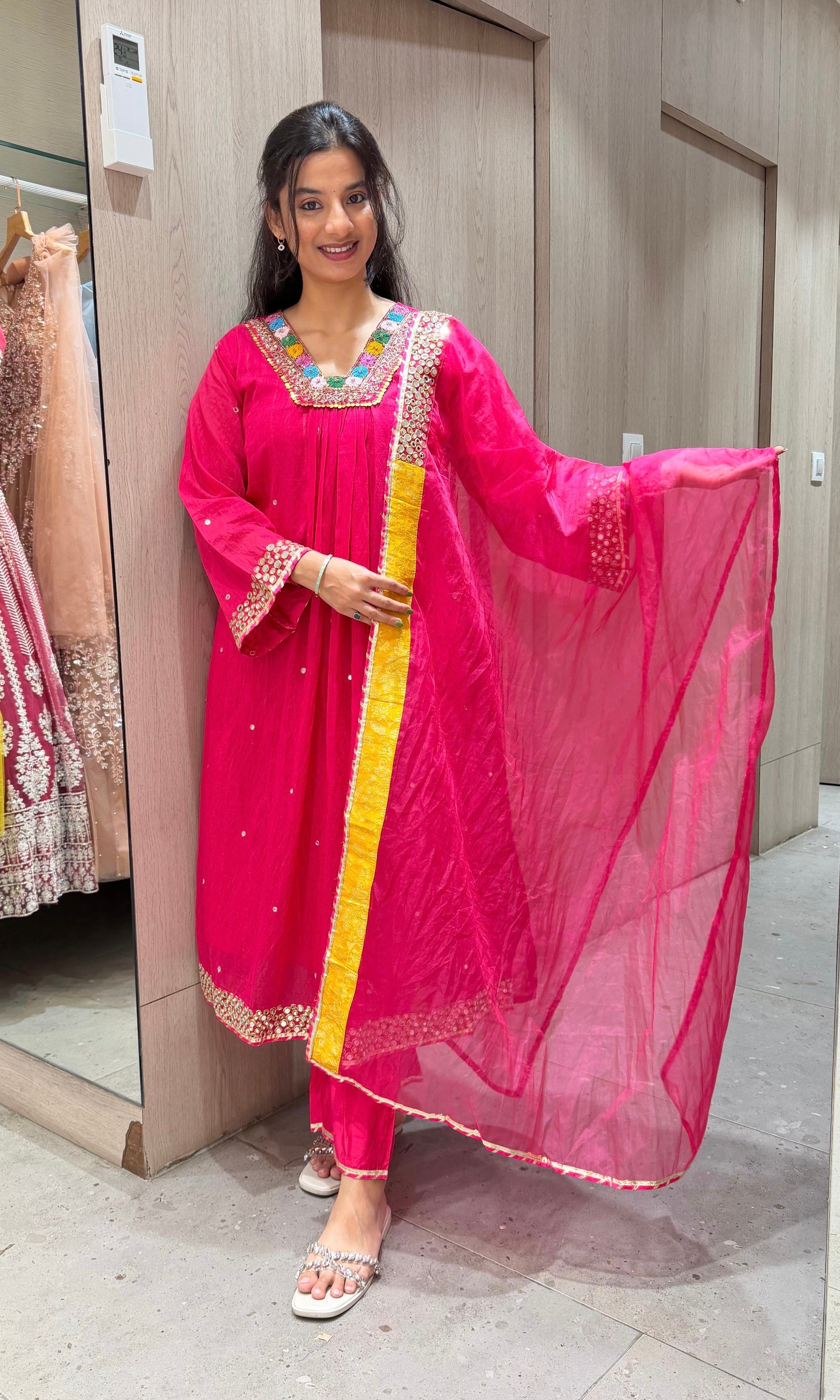 RANI PINK FLORAL NECK A LINE kurta set