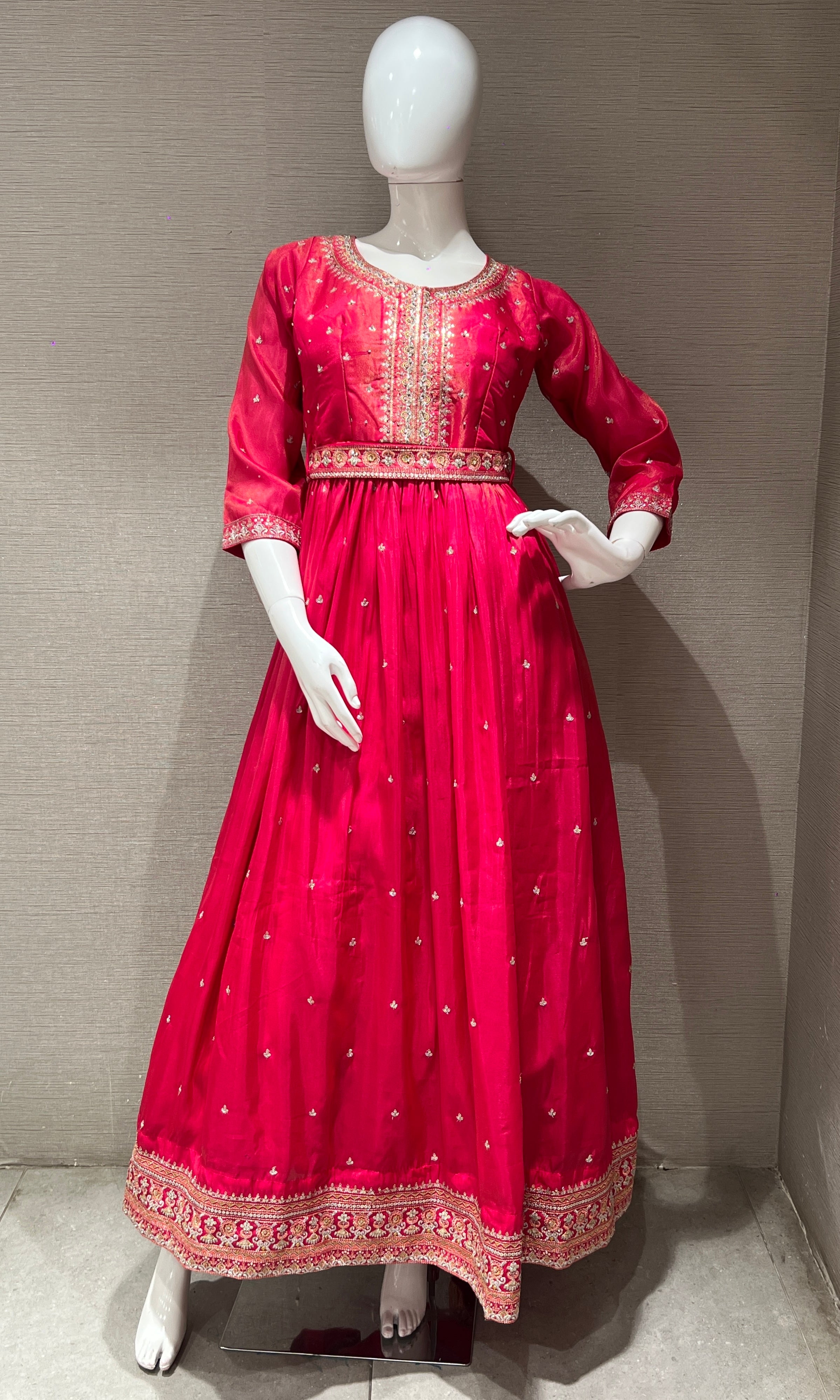 pink long anarkali with stones embroidered