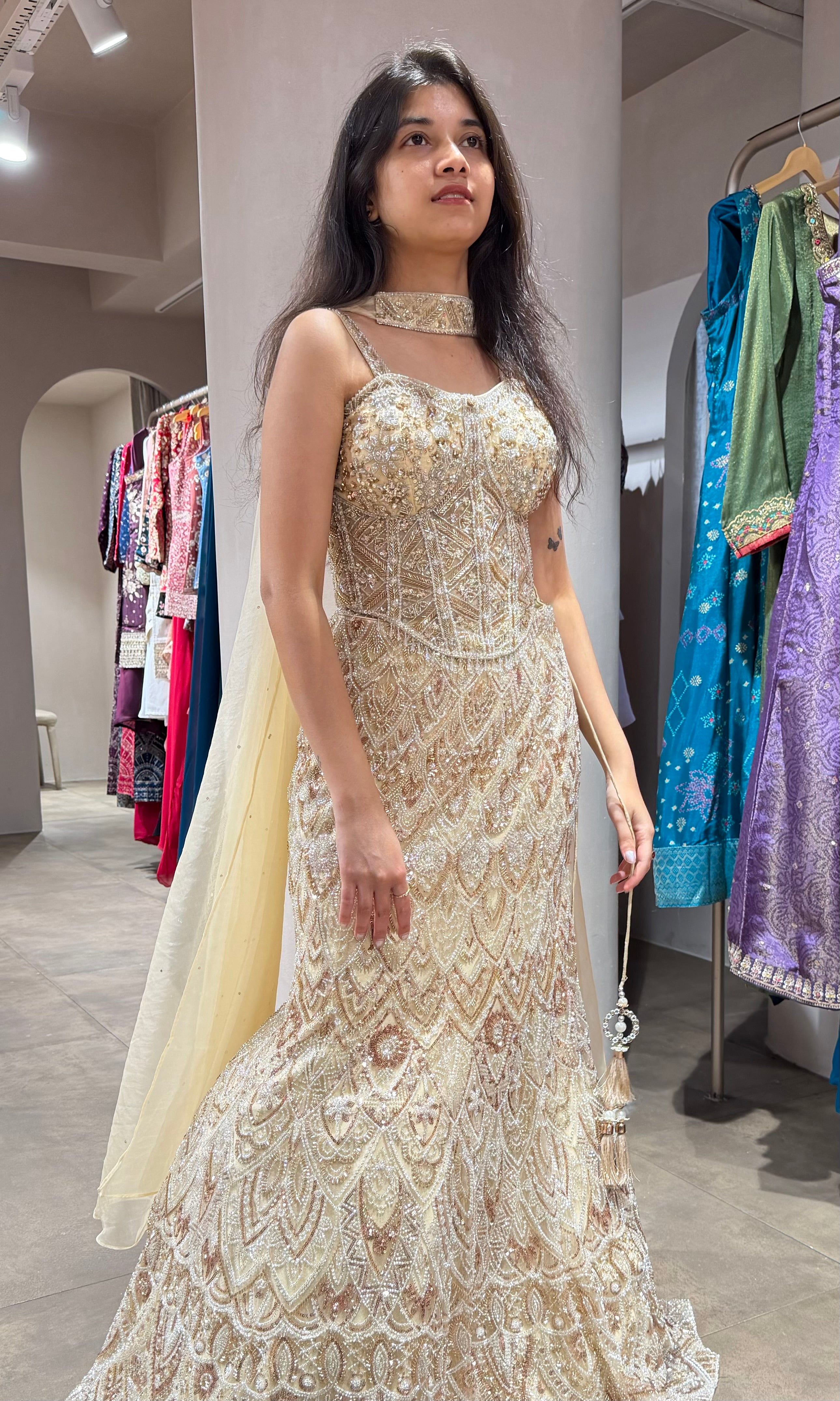 Cream LEHENGA WITH CORSET BLOUSE