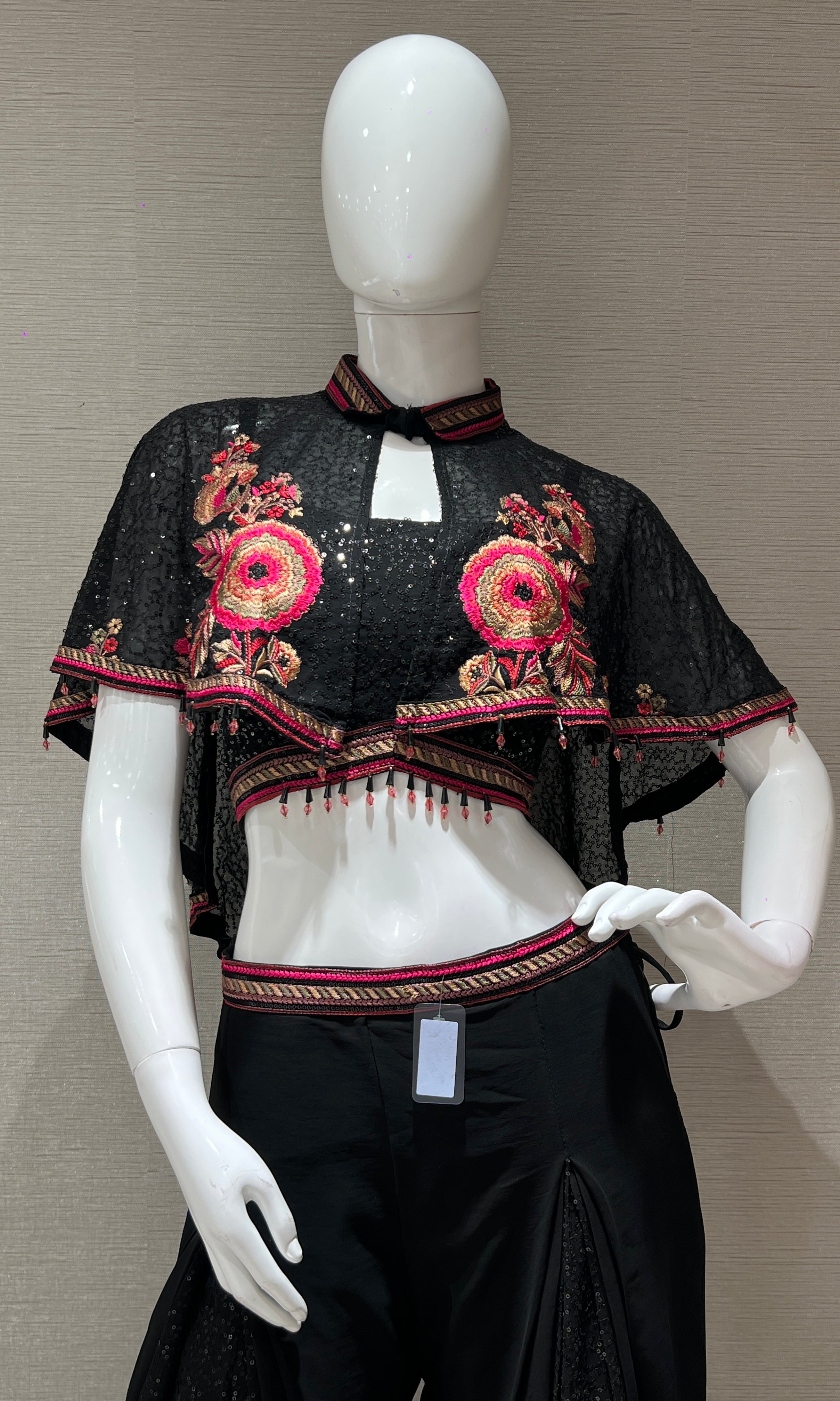 Black Sequin Cape Top & Embroidered Sharara