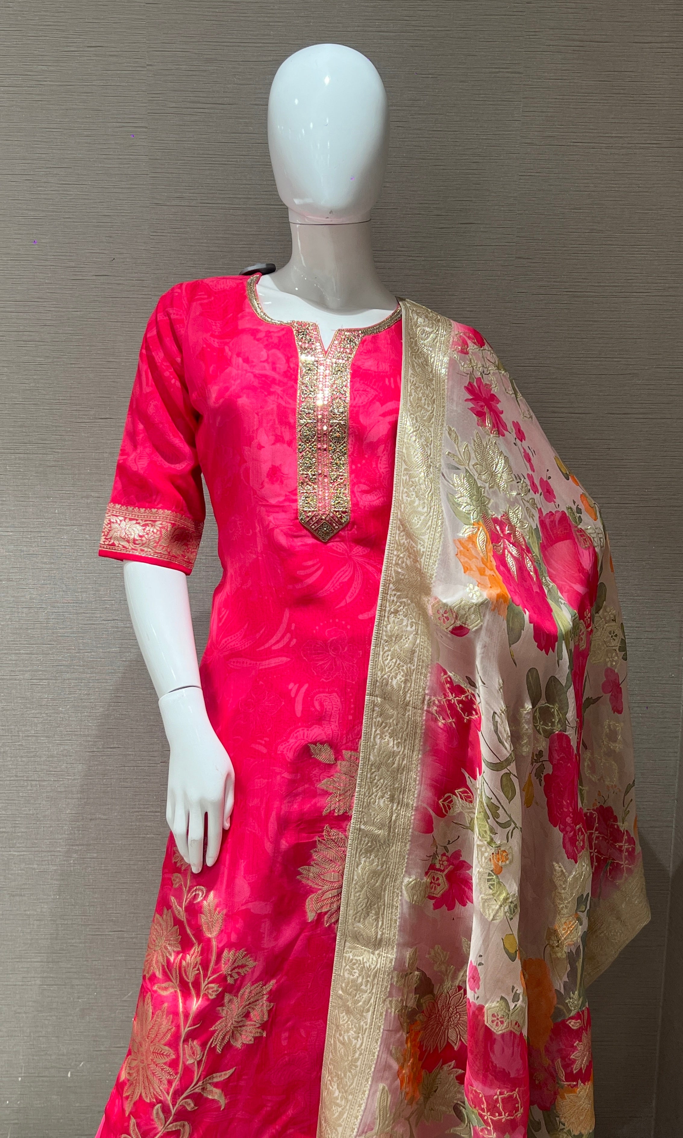 Rani Pink Kurta Set with Floral Dupatta