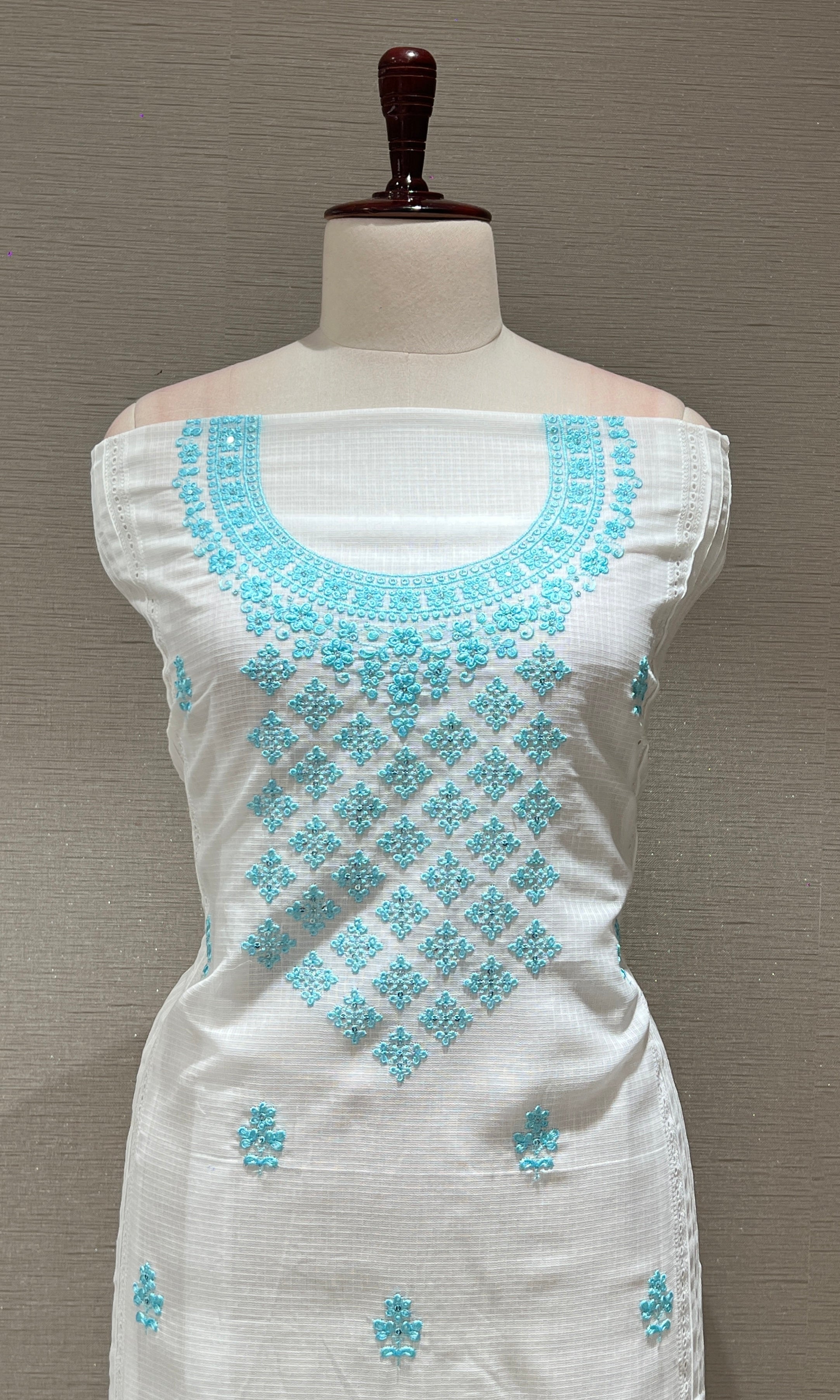 WHITE AND Blue FLORAL dress material