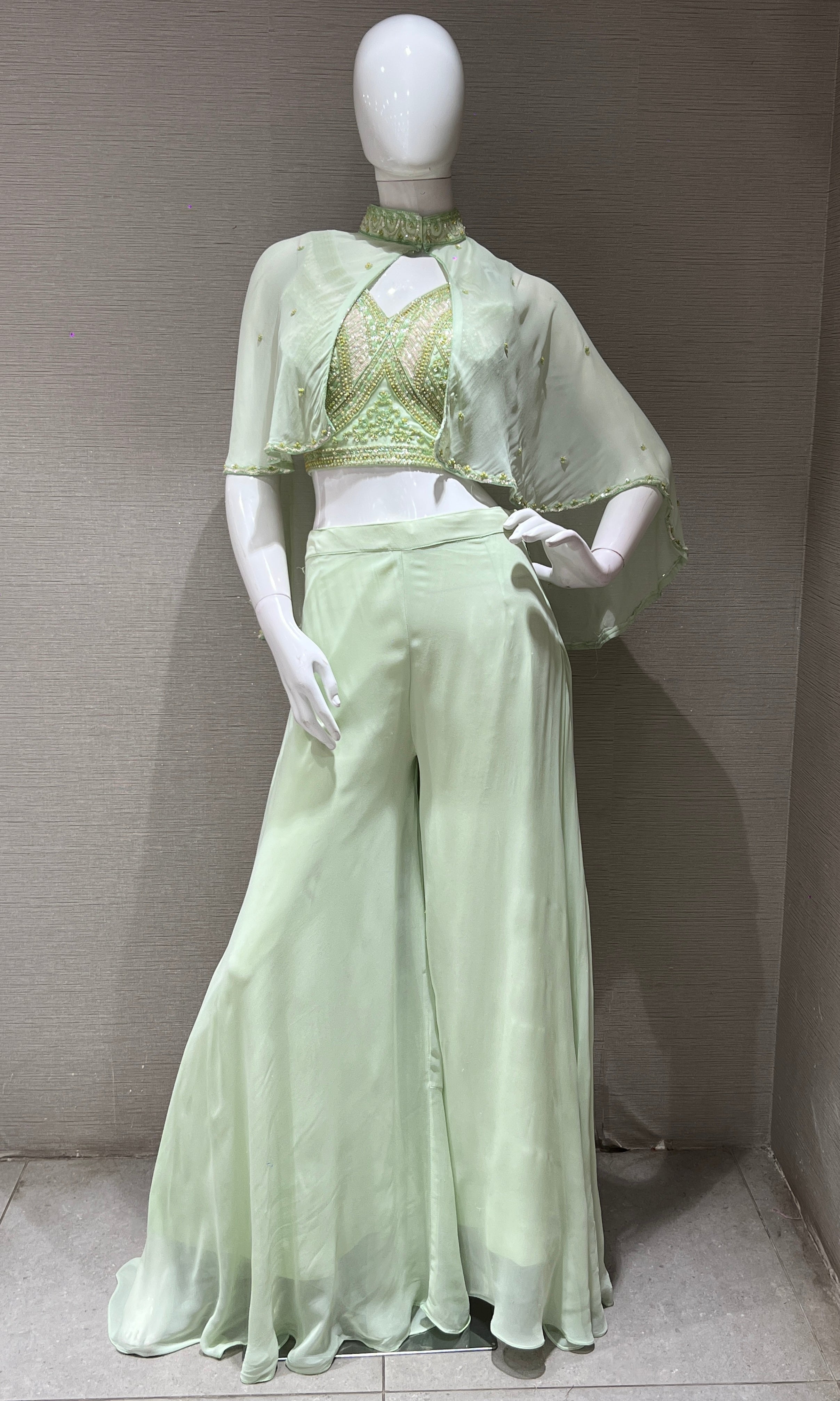 Light Green Embellished Palazzo Set with Cape
