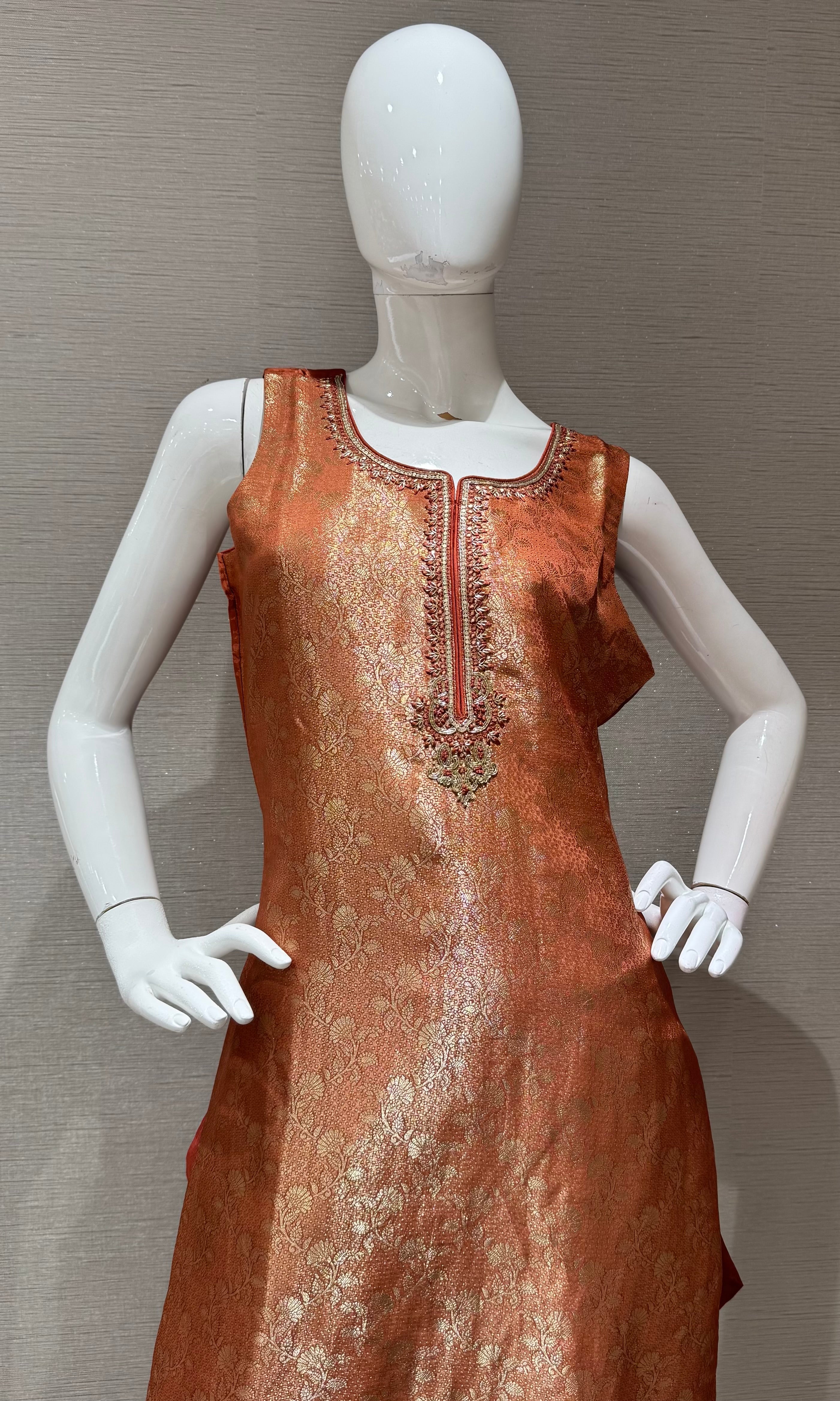 Light Rust Embroidered Kurta Set with Gold Border Dupatta
