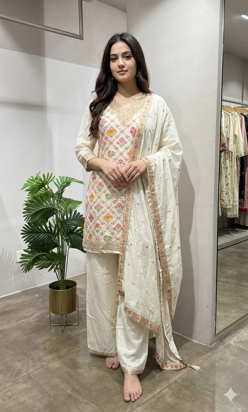 Cream Floral Embroidered Kurta set