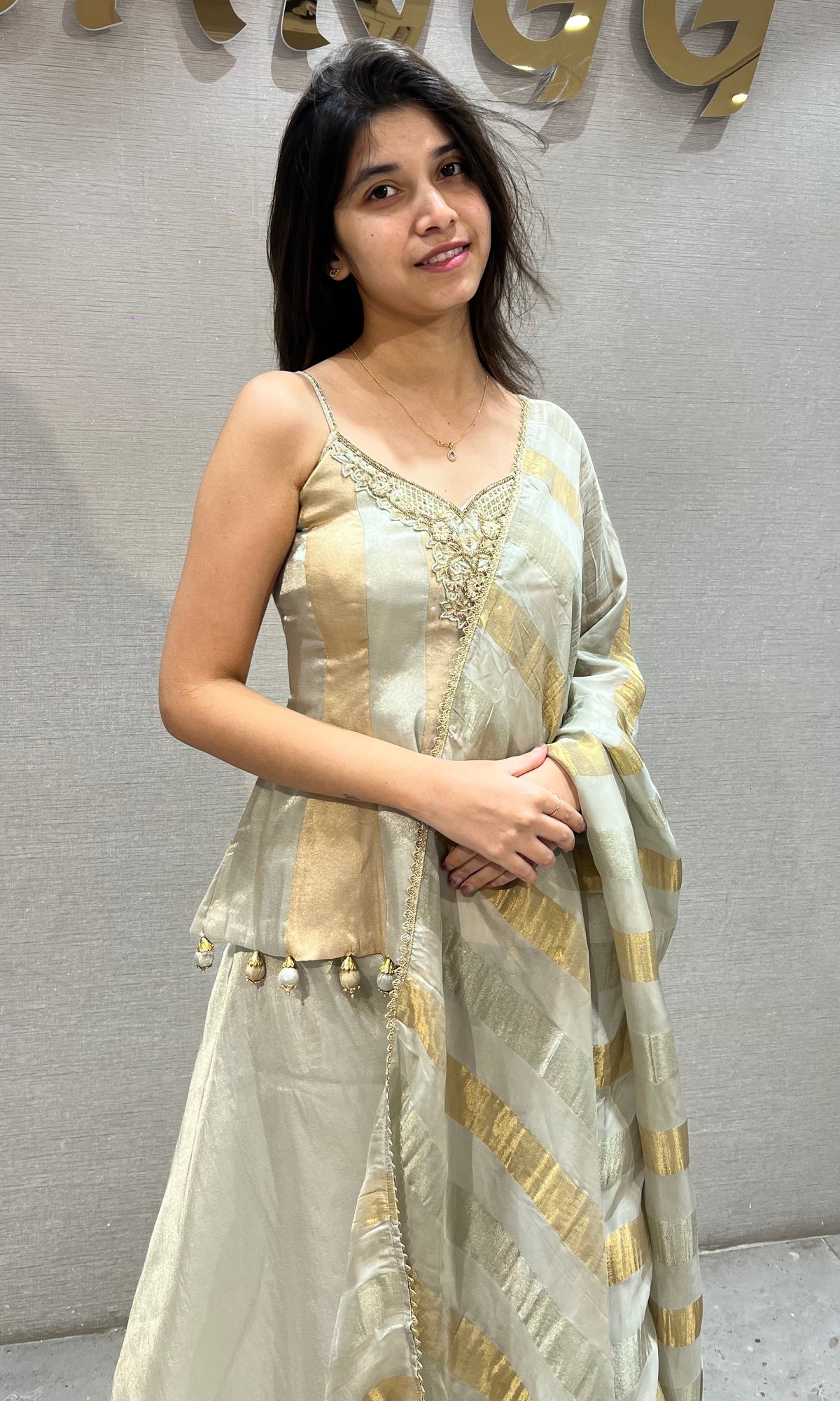 Grey GOLDEN TISSUE PEPLUM PALAZZO SET
