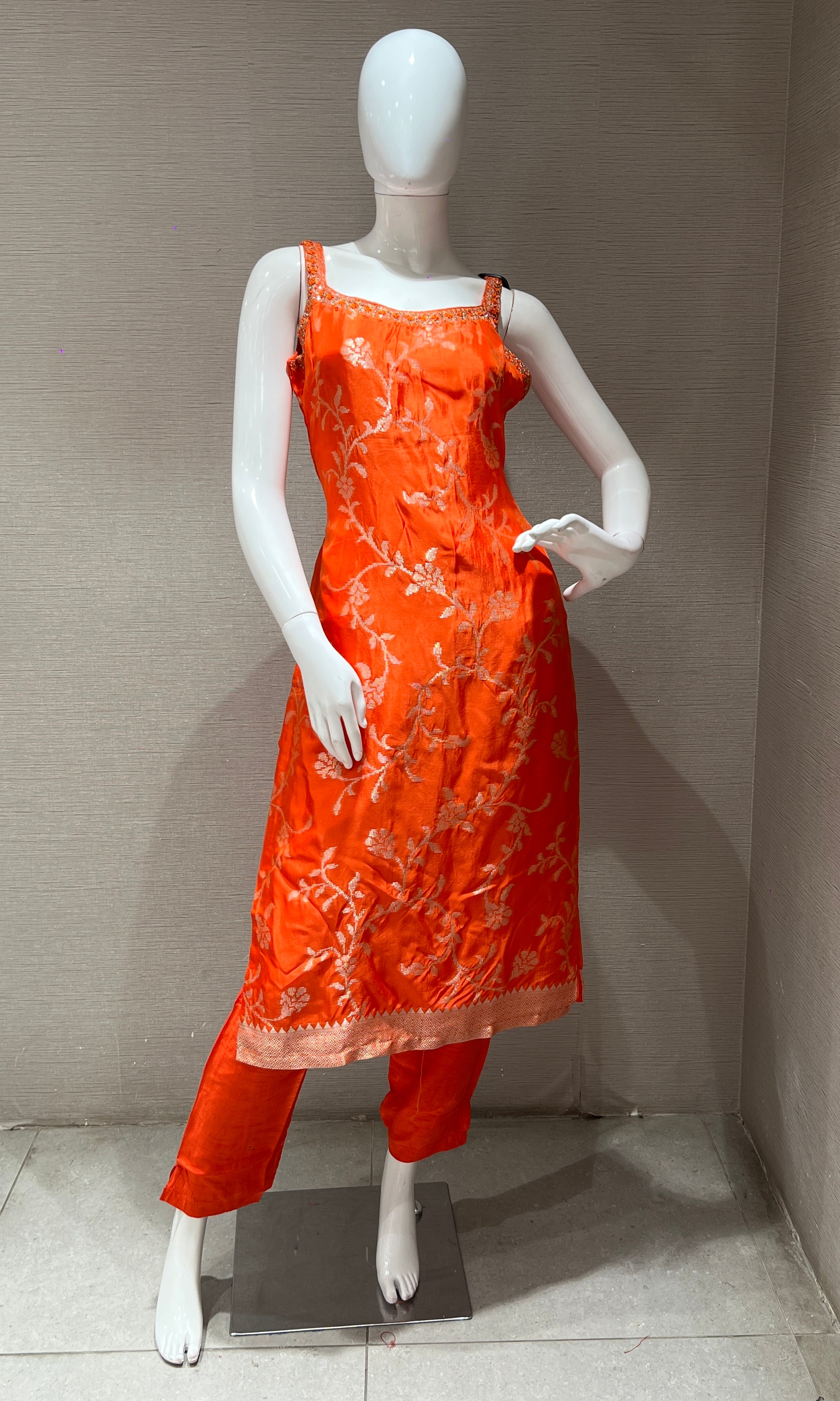 Orange banarasi silk kurta set