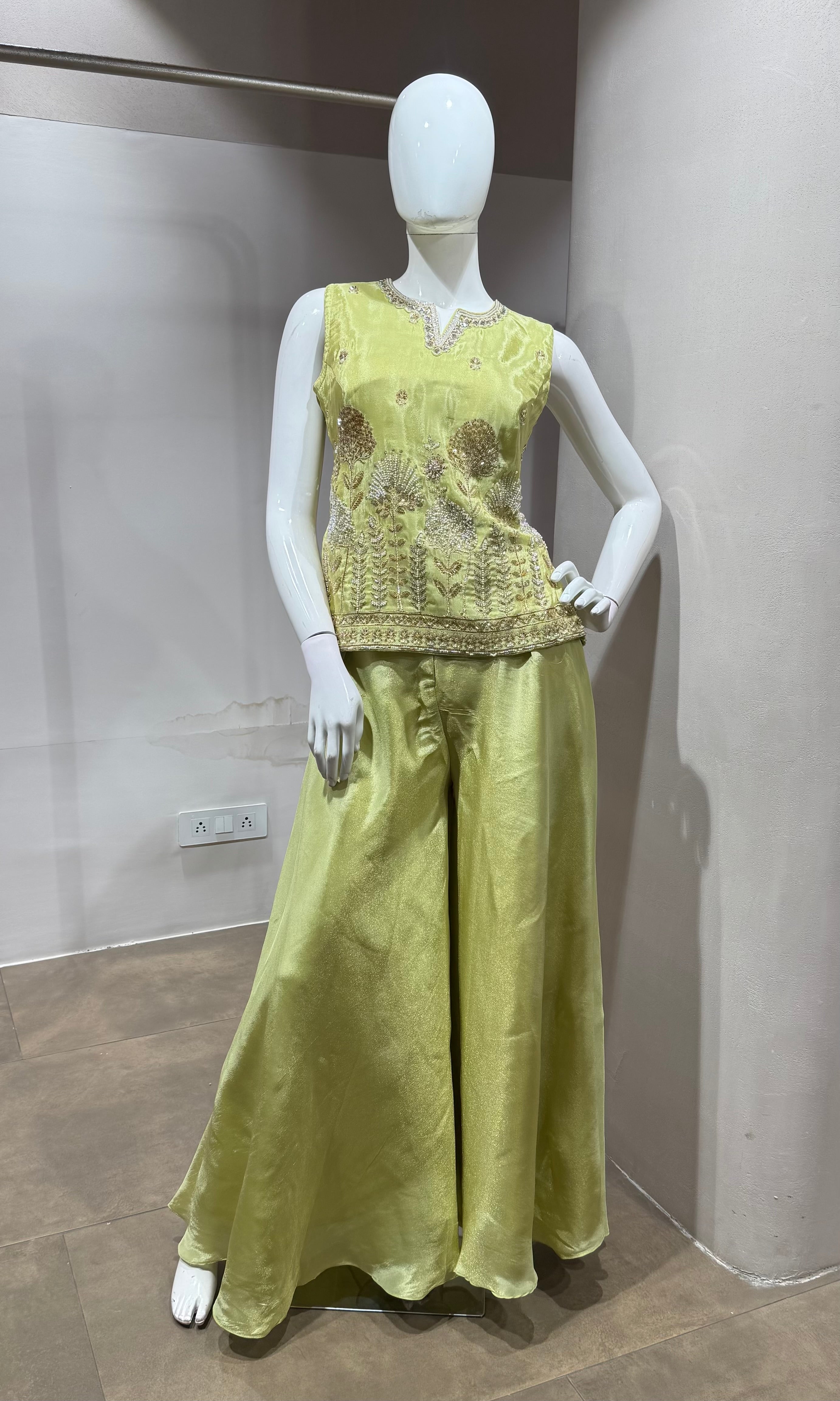 Pista green embroidered peplum palazzo set