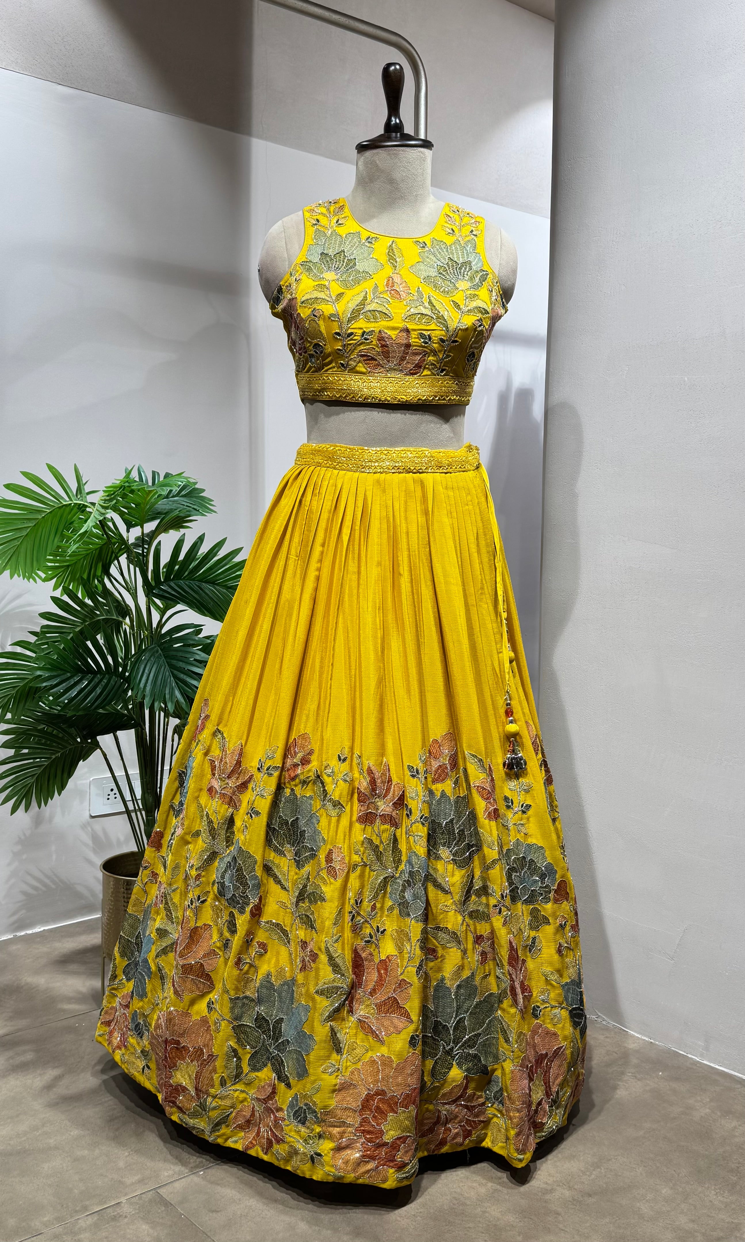 yellow floral printed embroidered lehenga