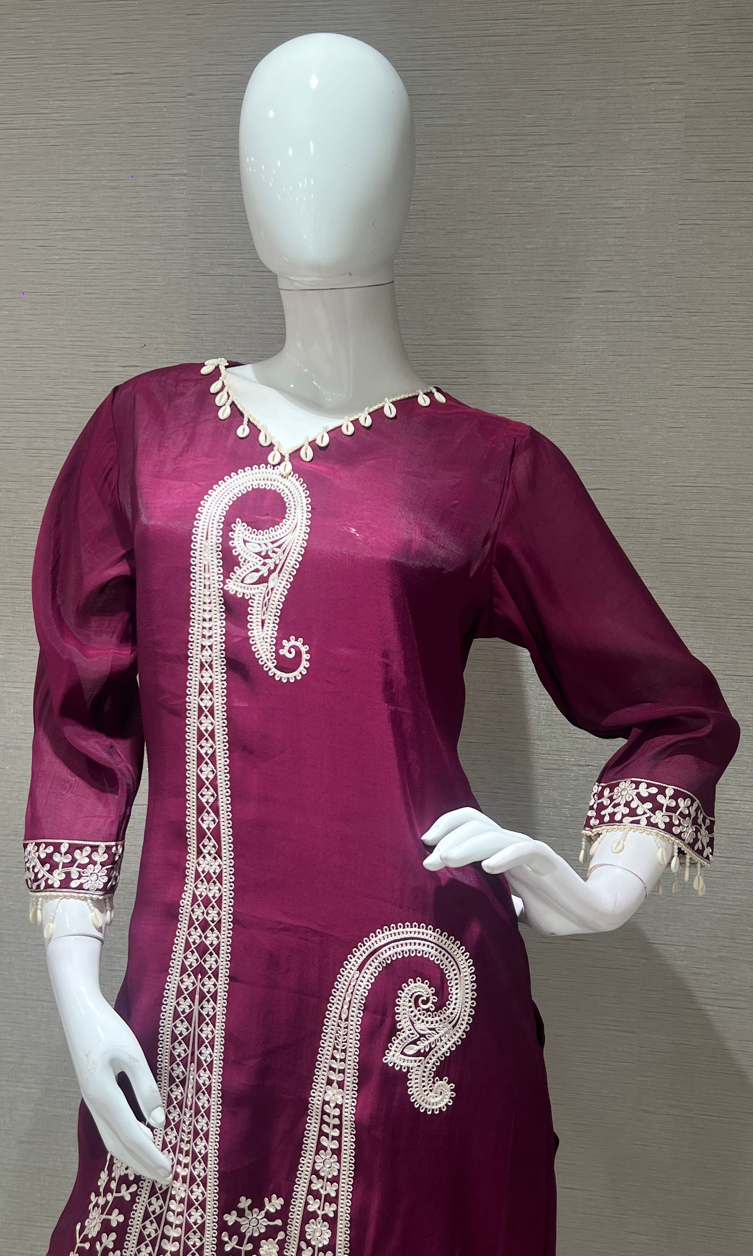 Wine Thread Embroidery Kurta Set