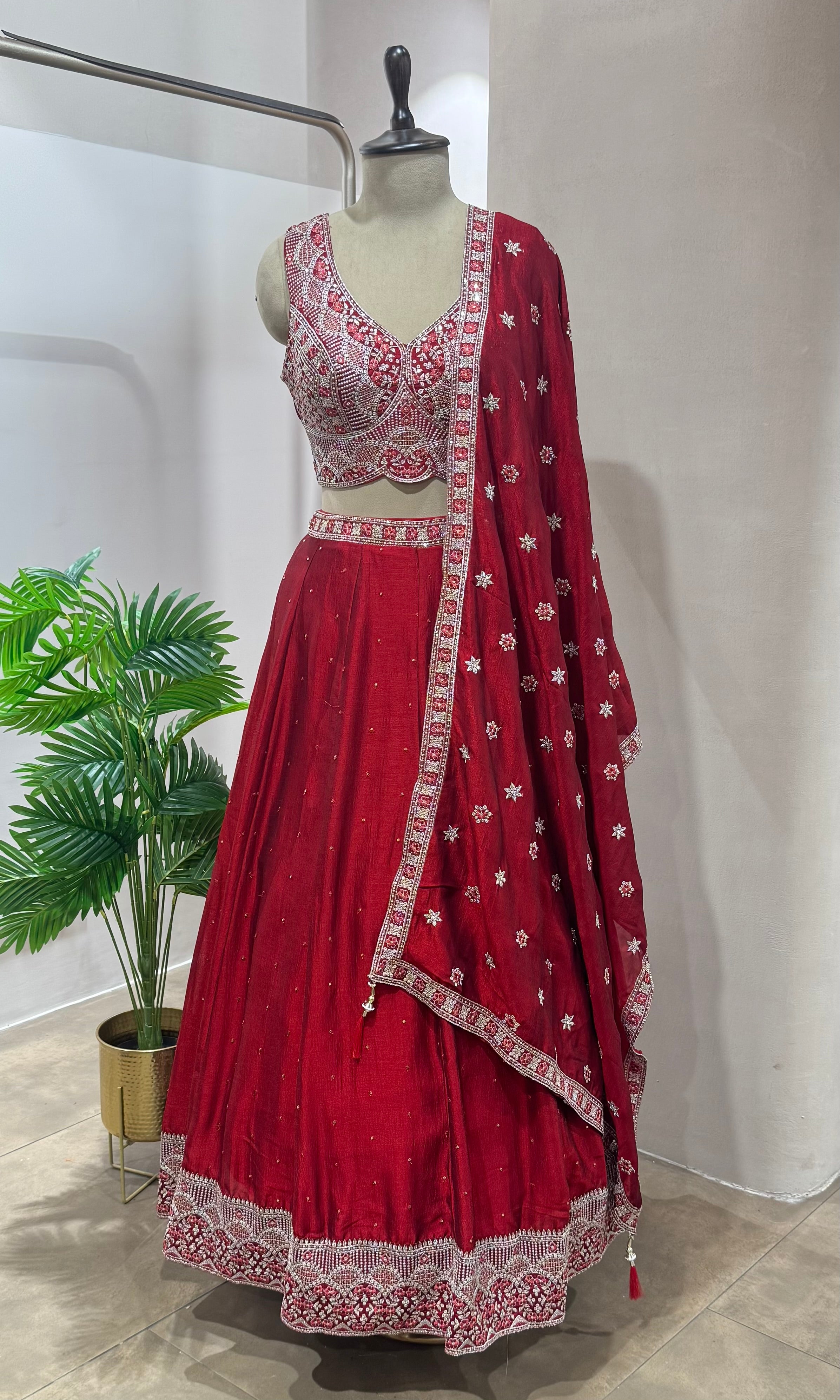 Maroon embroidered Lehenga with floral motif dupatta